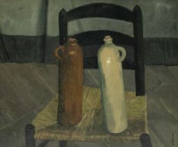 Leo Piron (1899-1962): Still life with chair and two bottles, oil on canvas