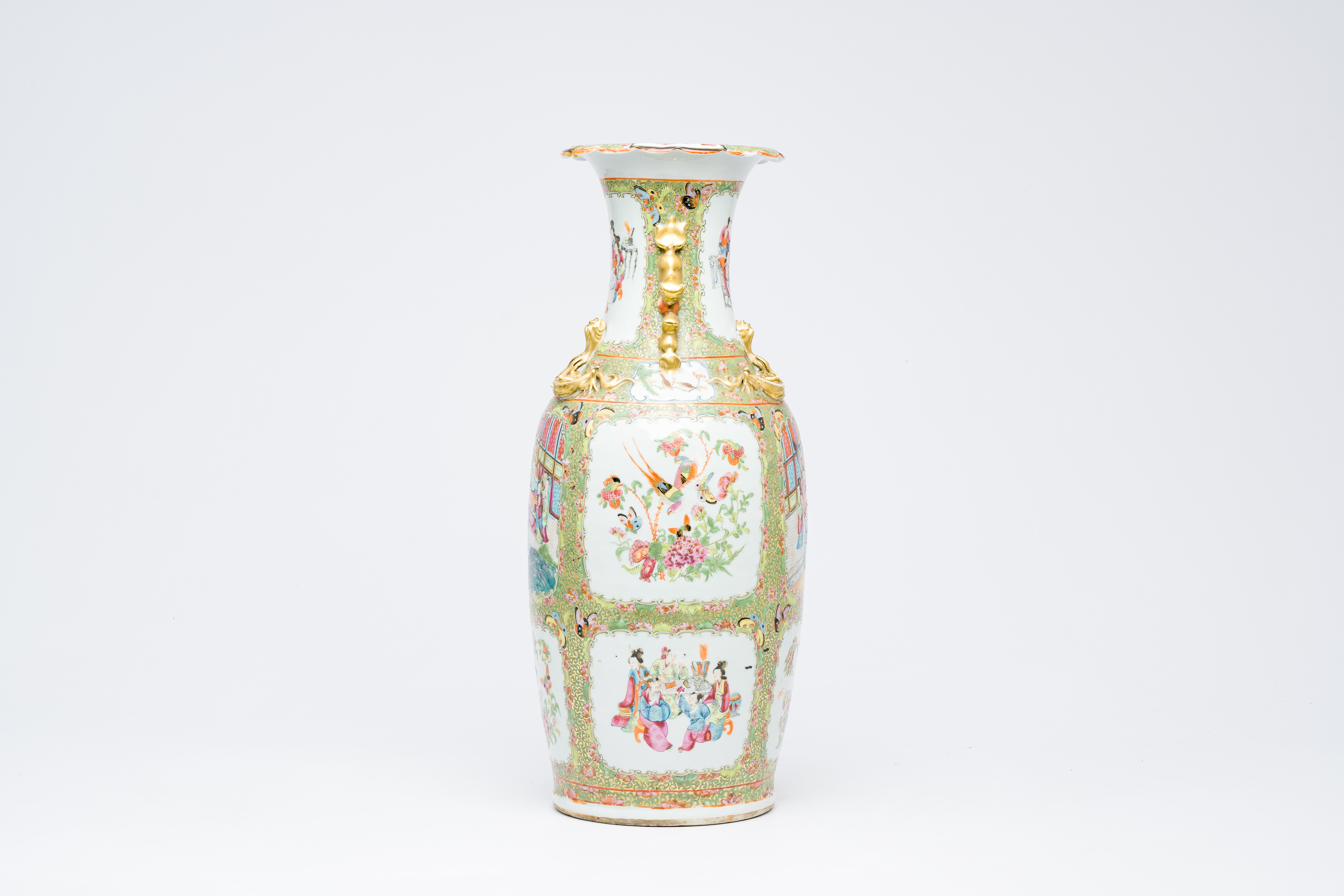 A Chinese Canton famille rose vase with palace scenes and birds and butterflies among blossoming bra - Image 2 of 6