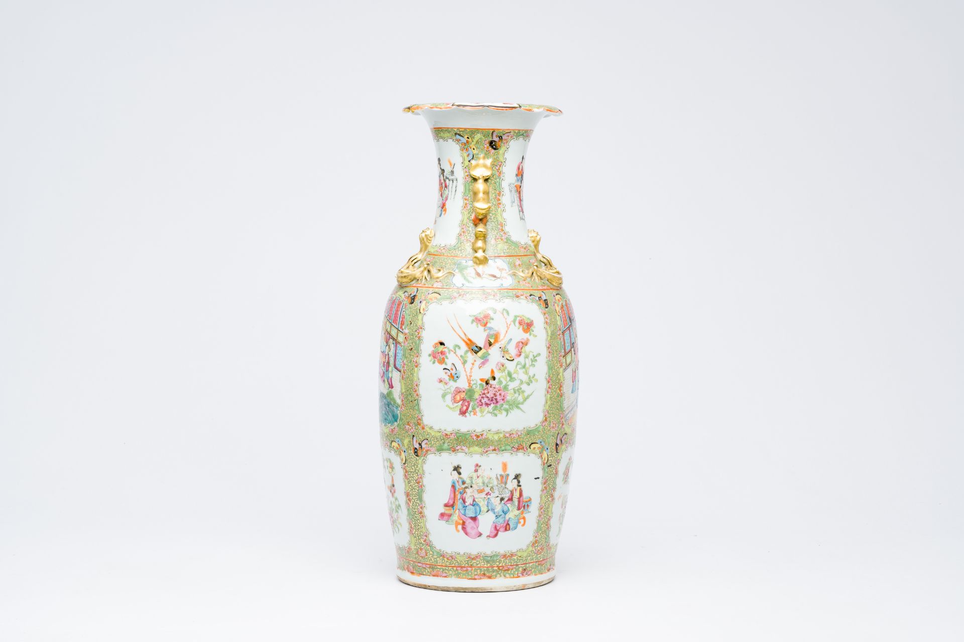 A Chinese Canton famille rose vase with palace scenes and birds and butterflies among blossoming bra - Bild 2 aus 6