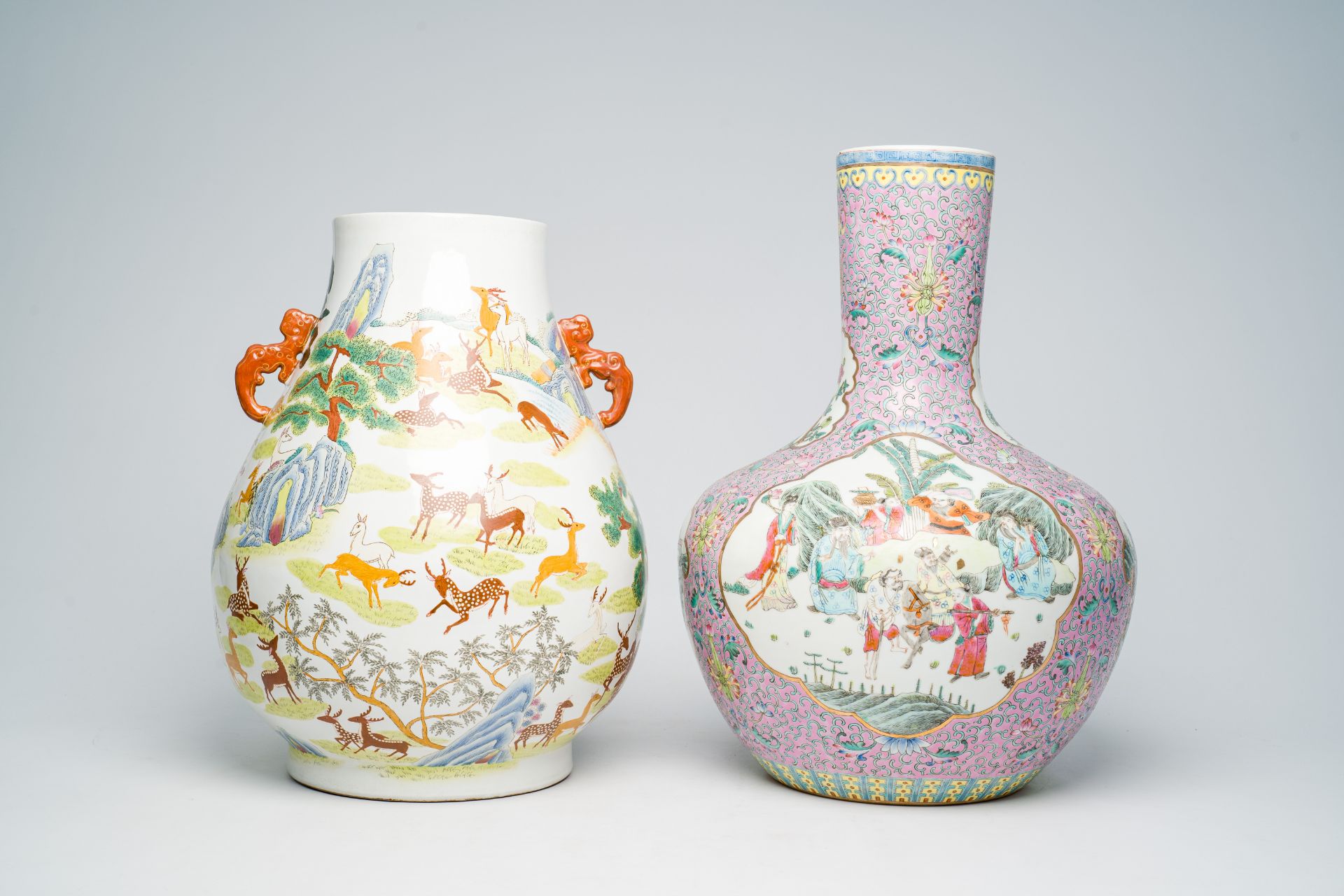 A Chinese famille rose tianqiu ping vase with Immortals and their servants in a landscape and a fami - Image 8 of 36
