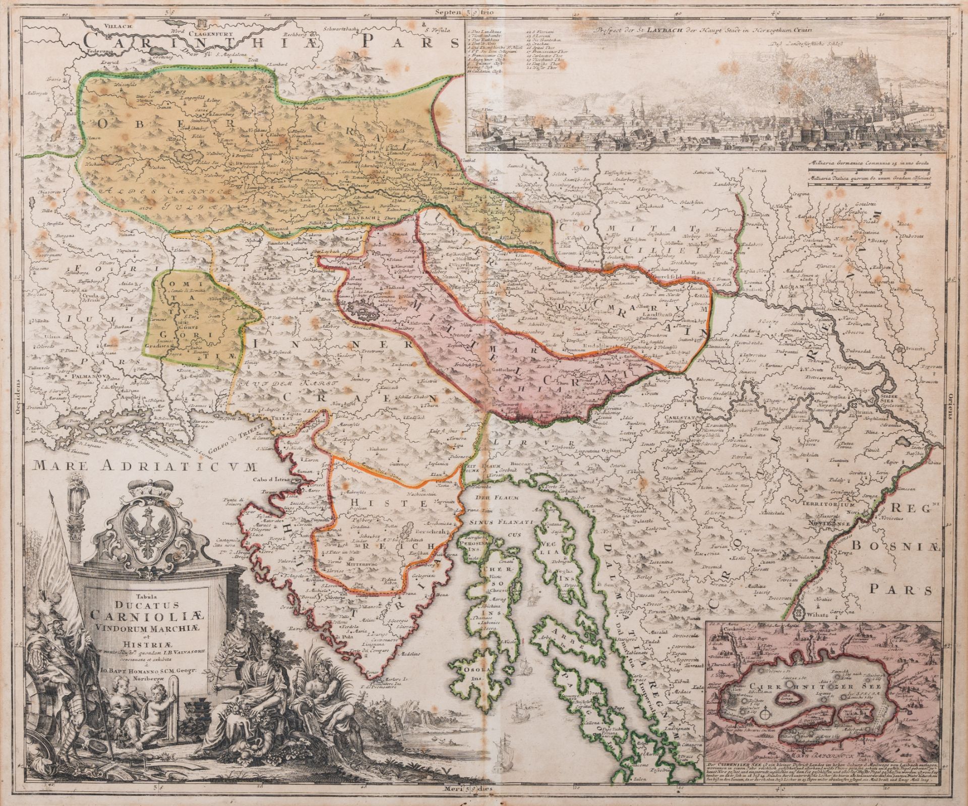 Johann Baptist Homann (1663-1724): 'Tabula Ducatus Carnioliae...', hand-coloured copper engraving, c