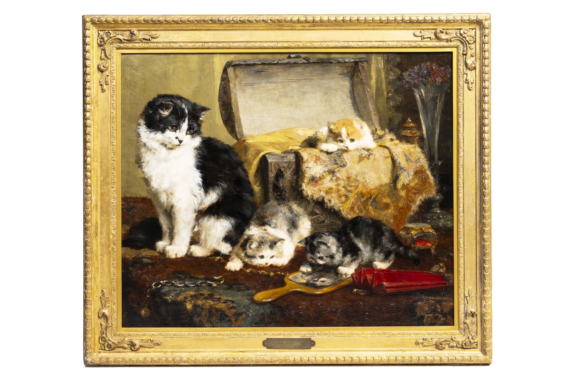 Charles II van den Eycken (1859-1923): A mother cat and her three kittens, oil on canvas, dated 1908 - Image 2 of 4