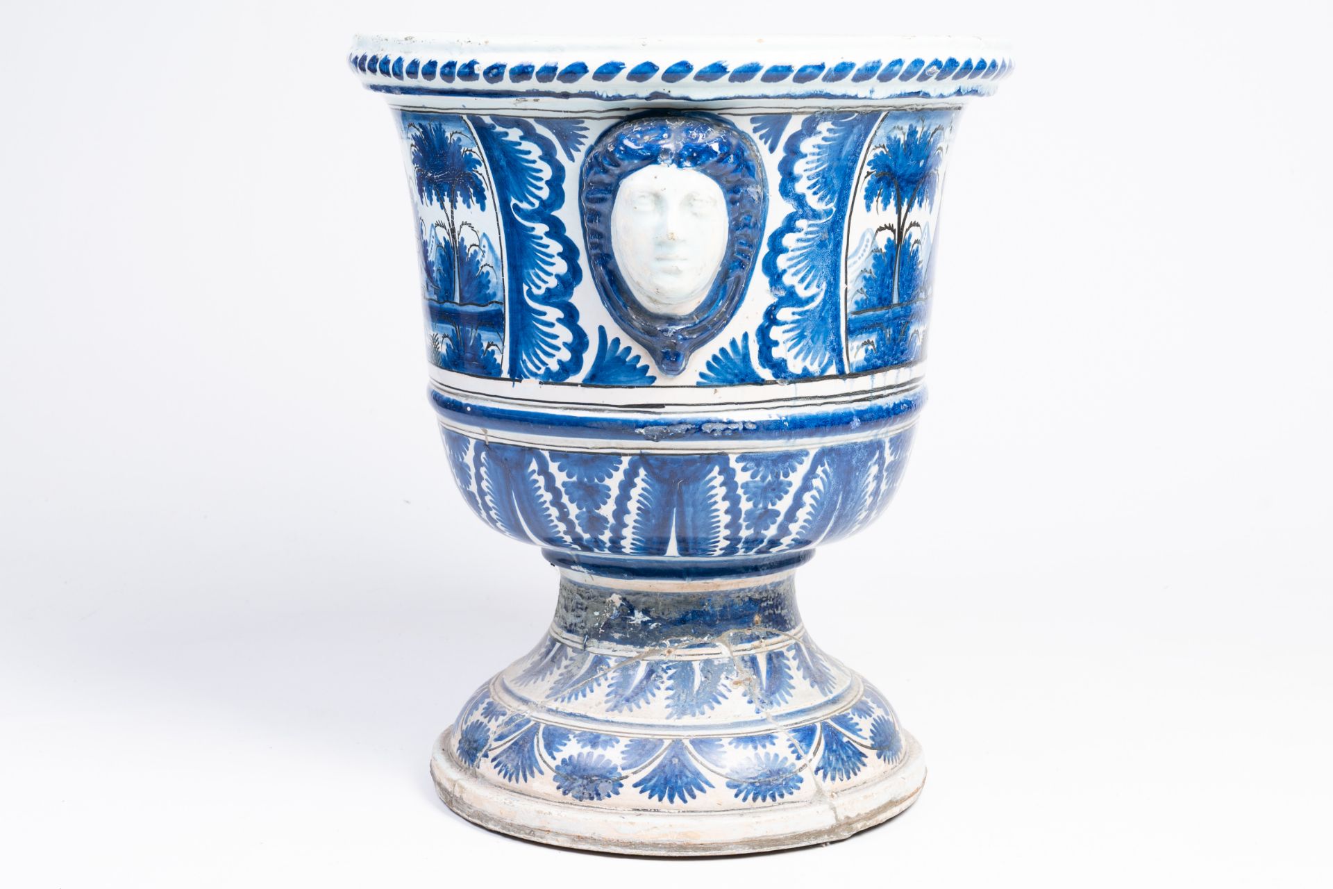 A large French blue and white earthenware Louis XIV vase on stand with oriental landscapes and masca - Image 2 of 6