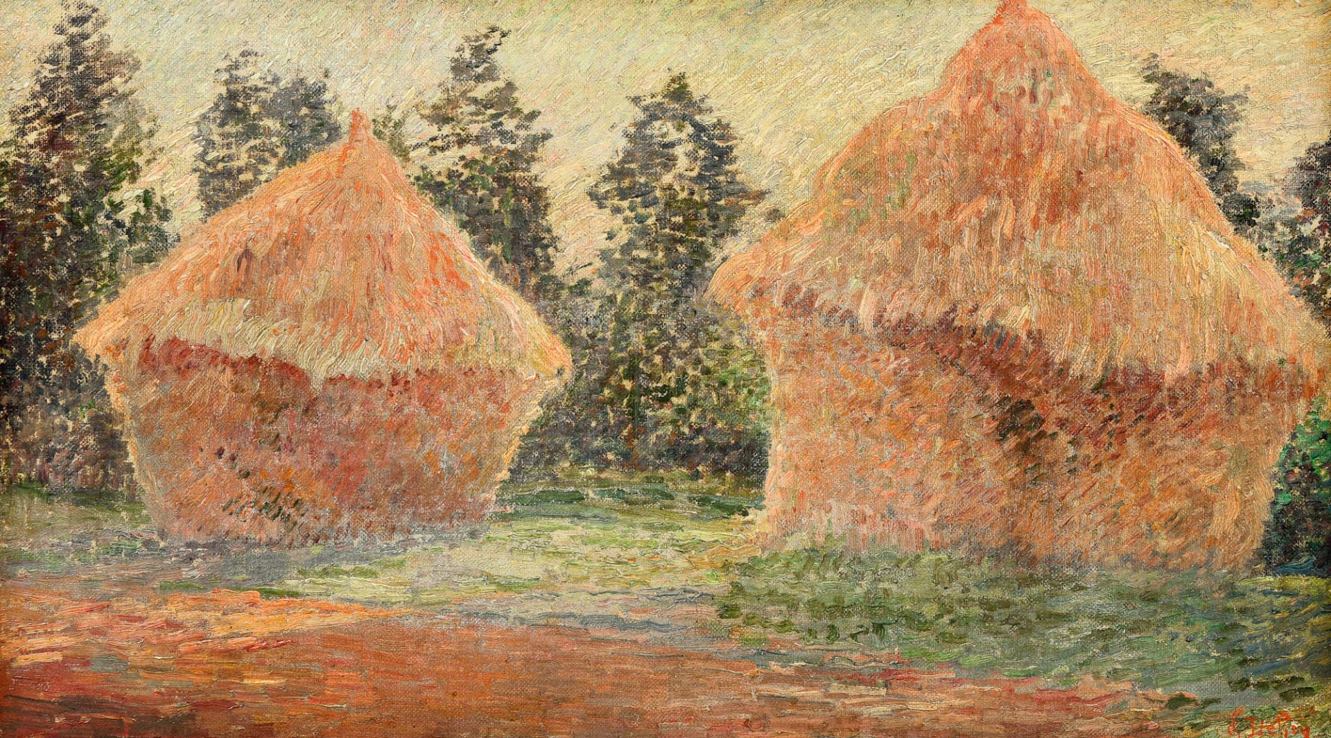 L. De Roy (19th/20th C.): Haystacks in a landscape, oil on canvas