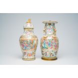 Two Chinese Canton famille rose vases with palace scenes, one of which mounted as a lamp, 19th C.