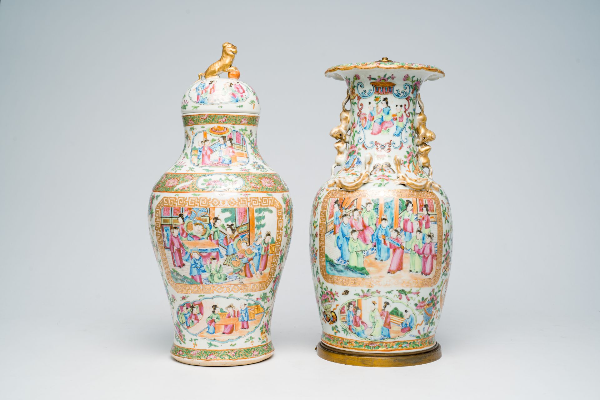 Two Chinese Canton famille rose vases with palace scenes, one of which mounted as a lamp, 19th C.