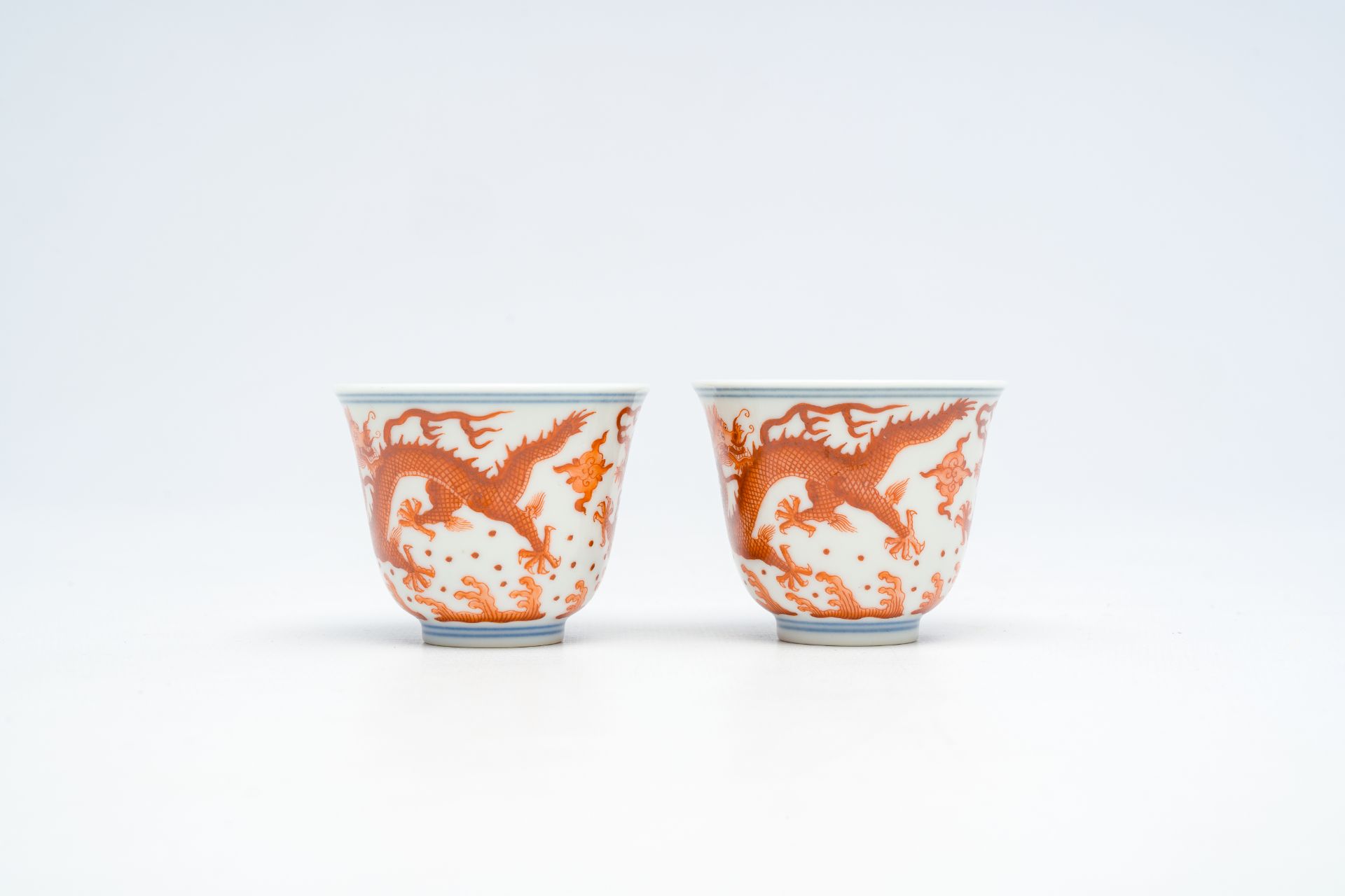 A pair of Chinese blue, white and iron-red 'dragons chasing the pearl' cups, Guangxu mark, 19th/20th - Image 6 of 14