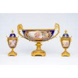 A three piece Sevres-style porcelain garniture with gilt bronze mounts, France, 19th C.