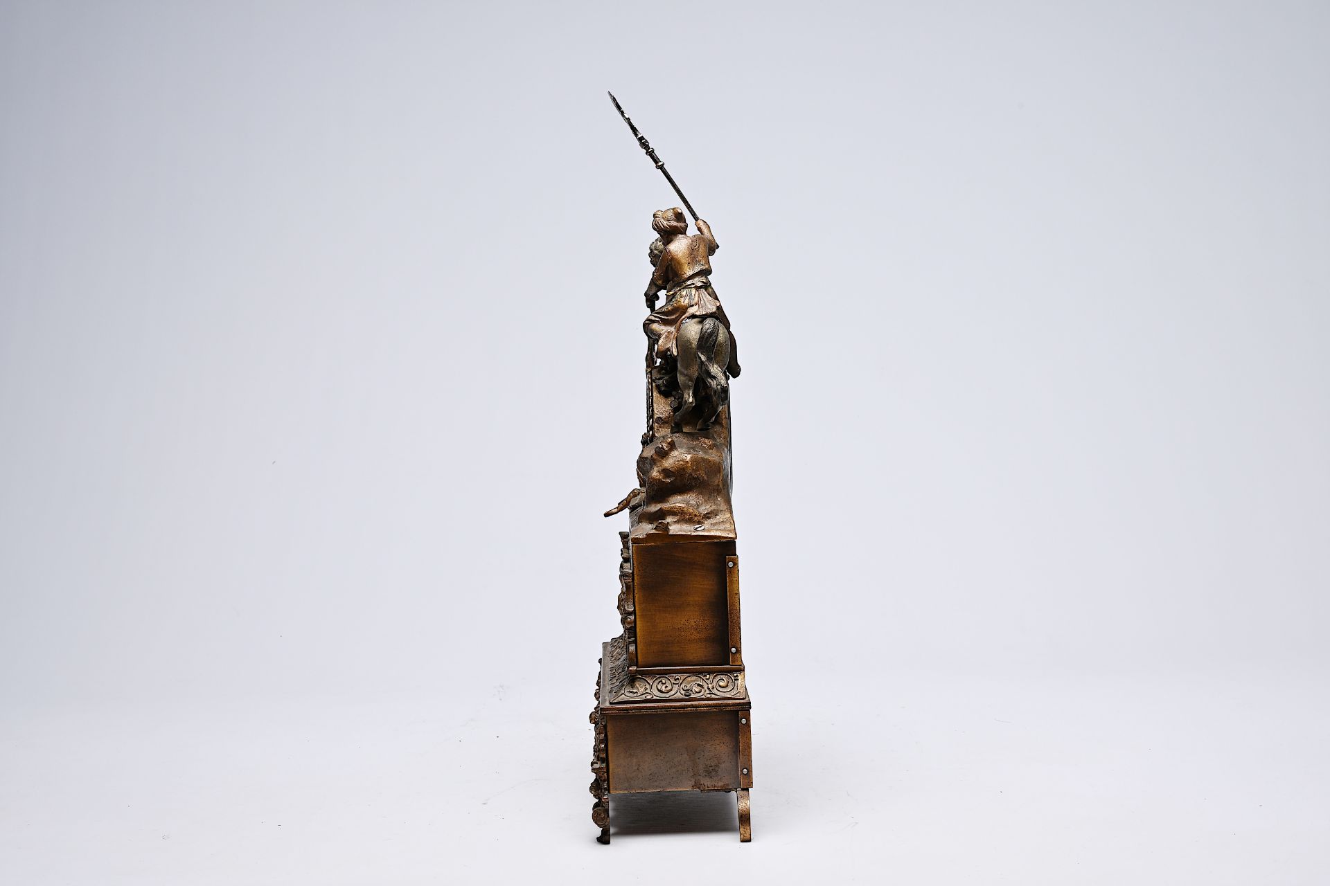 A German partly bronze mantel clock crowned with a Moorish rider on horseback, 19th/20th C. - Image 2 of 9