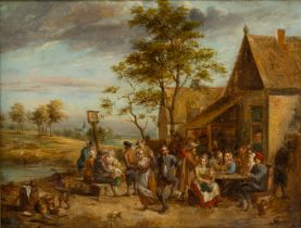 Monogrammed J.D. (?), follower of David Teniers II (1610-1690): Peasants making merry at an inn, oil