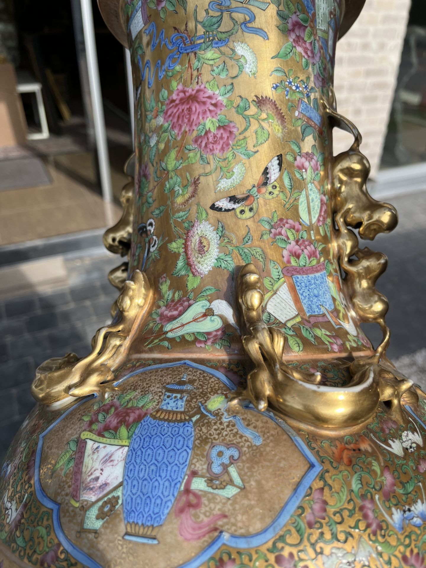 A pair of Chinese Canton famille rose gold ground vases with birds and butterflies among blossoming - Image 48 of 60