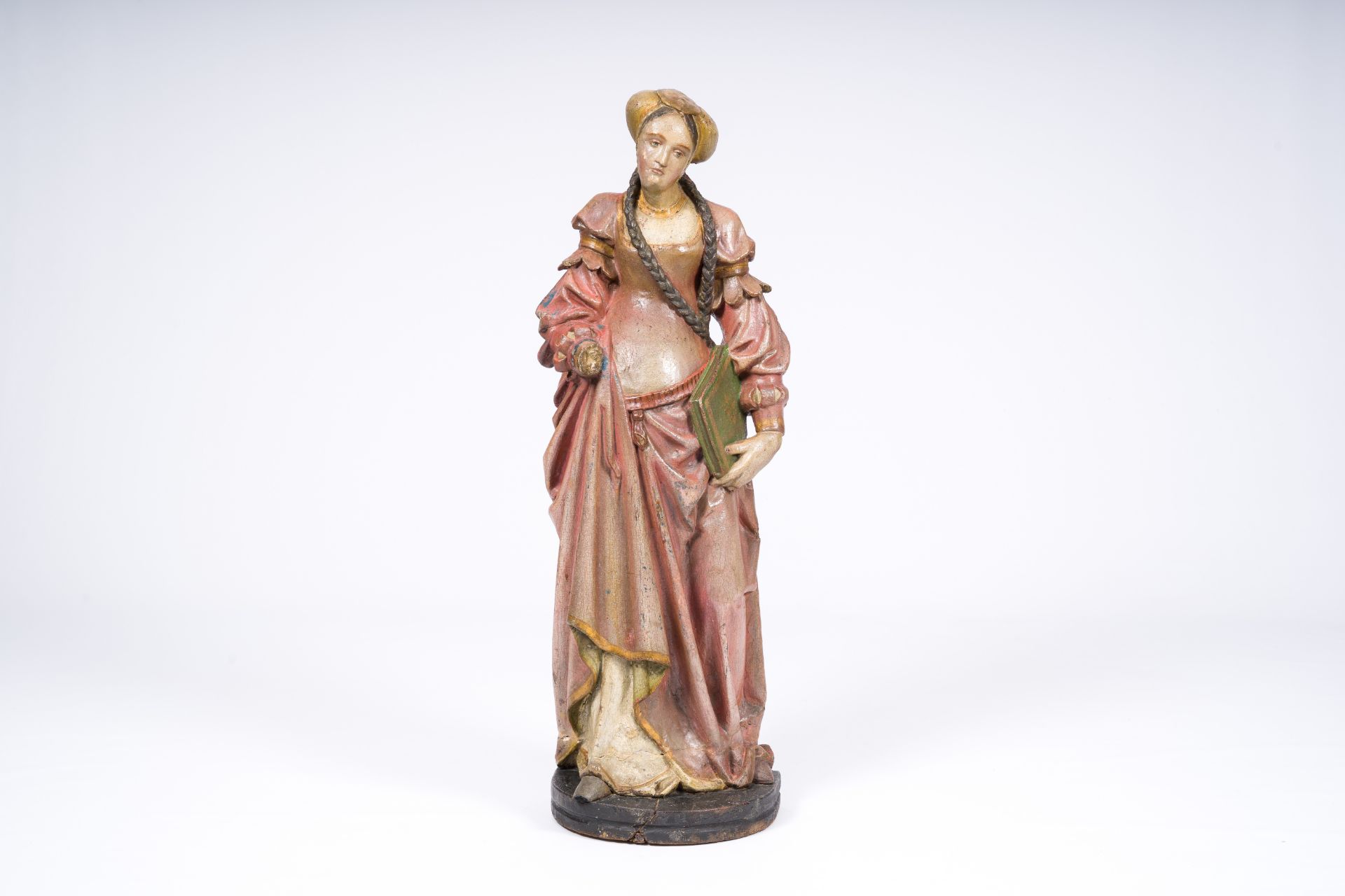 A German carved and polychrome painted wood 'noble lady with a book' figure, probably 16th C. and la - Image 2 of 7