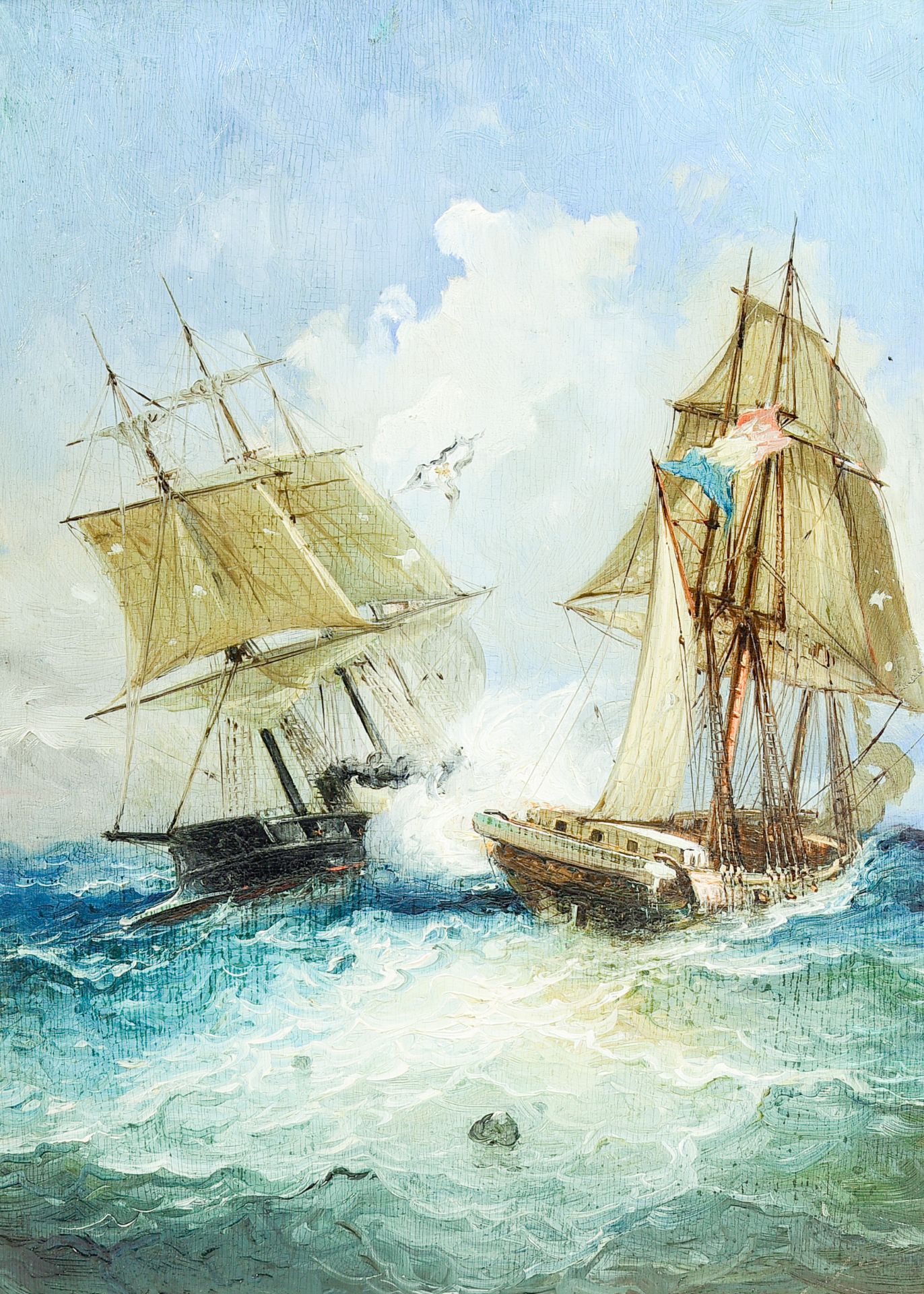 European school: The battle on the water, oil on panel, 19th/20th C.