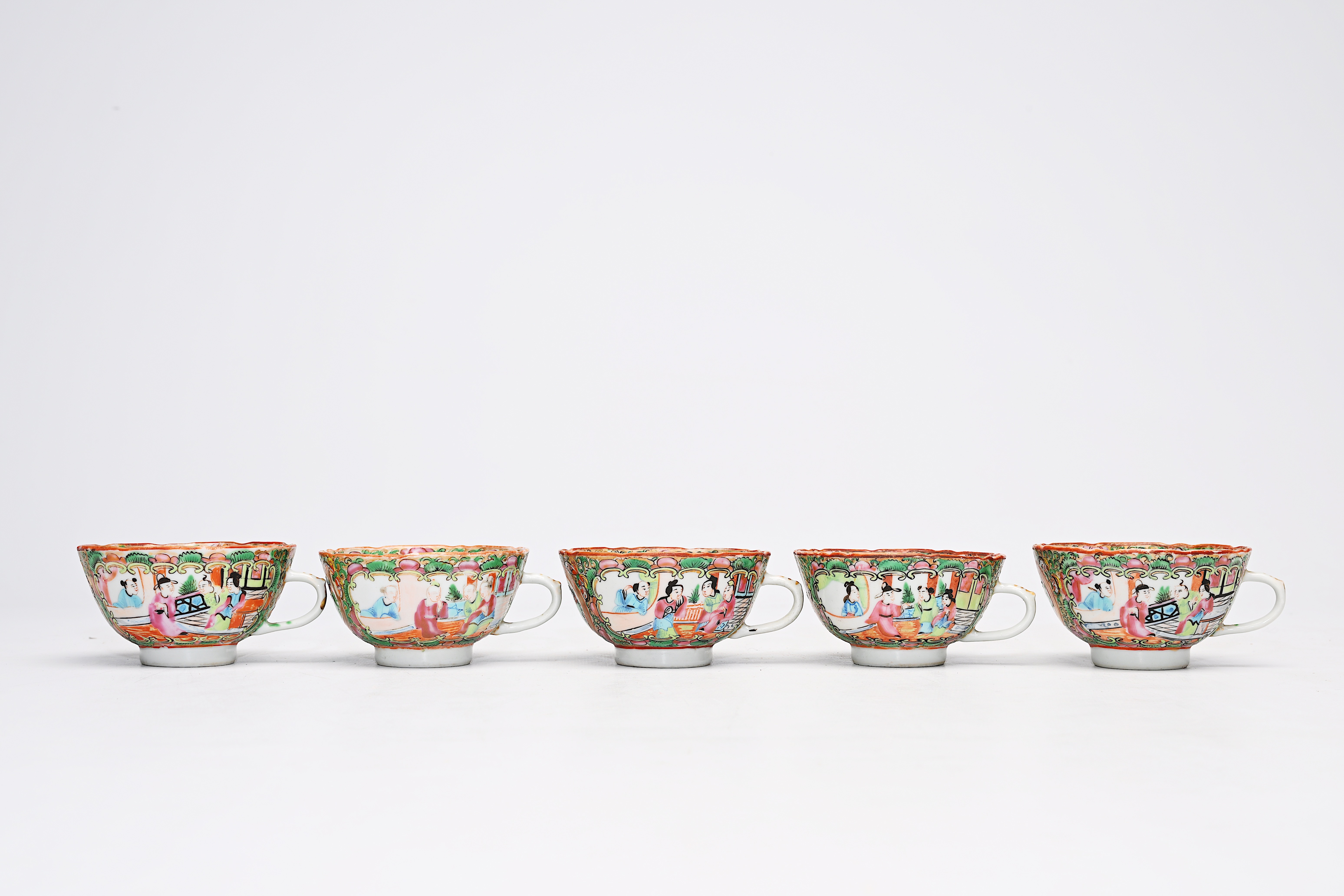 A Chinese Canton famille rose seventeen-part tea set and a bowl with palace scenes and floral design - Image 6 of 20