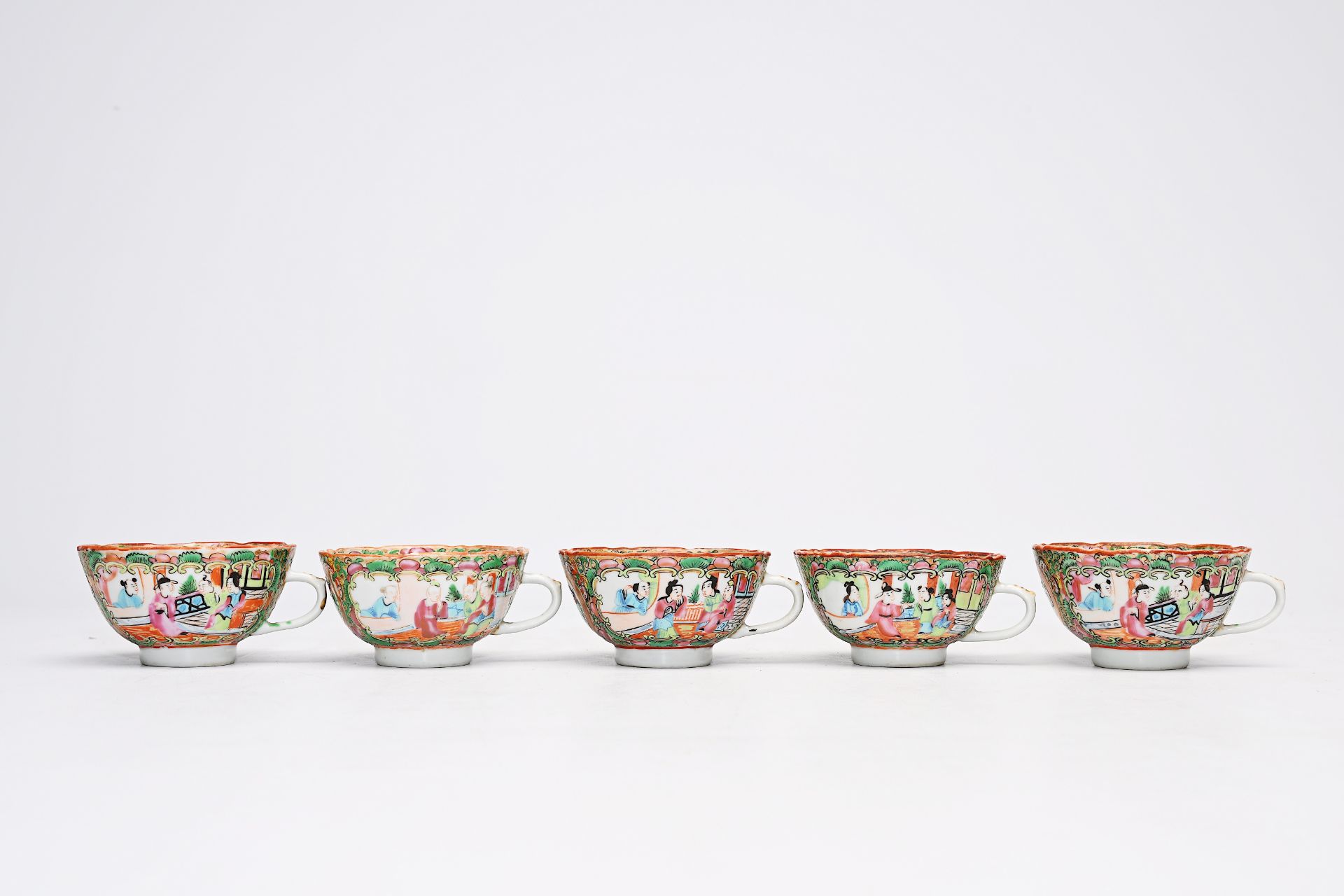 A Chinese Canton famille rose seventeen-part tea set and a bowl with palace scenes and floral design - Image 6 of 20