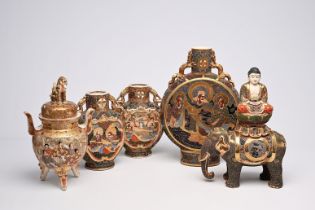 Three Japanese Satsuma 'moonflask' vases, a 'koro' incense burner and a Buddha on an elephant, Meiji