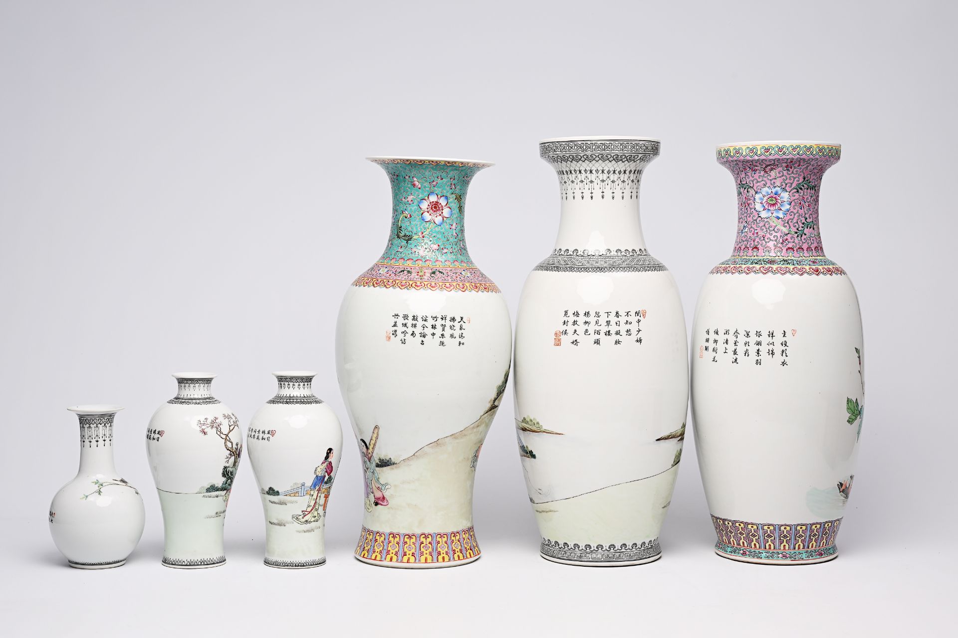 Six Chinese famille rose vases with figures in a landscape and birds between blossoming branches, 20 - Bild 7 aus 20