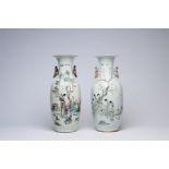 Two Chinese famille rose and qianjiang cai vases with figures on a terrace, 19th/20th C.