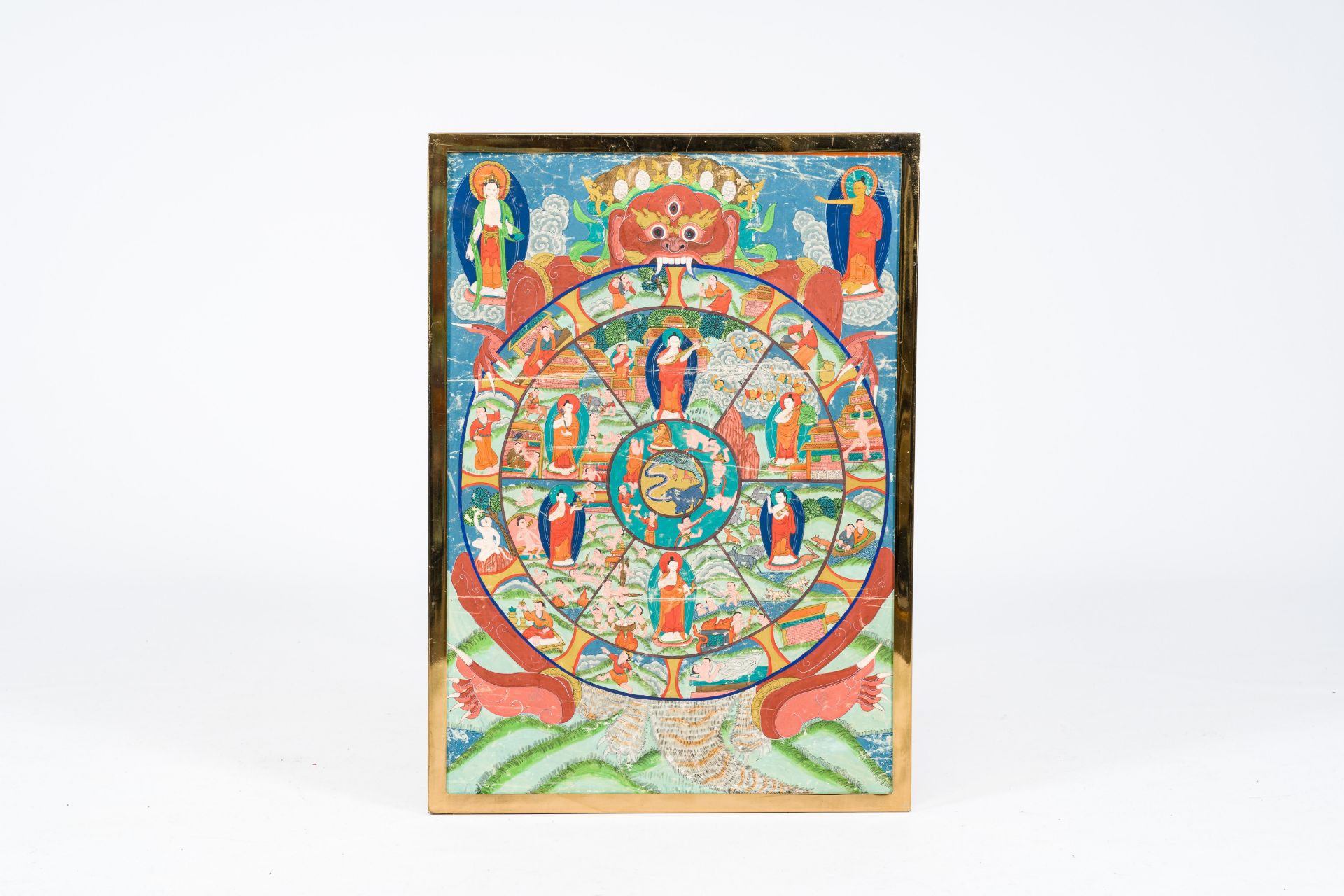 A 'Bhavacakra' or 'Wheel of life' thangka, Tibet or Nepal, 20th C. - Image 2 of 3