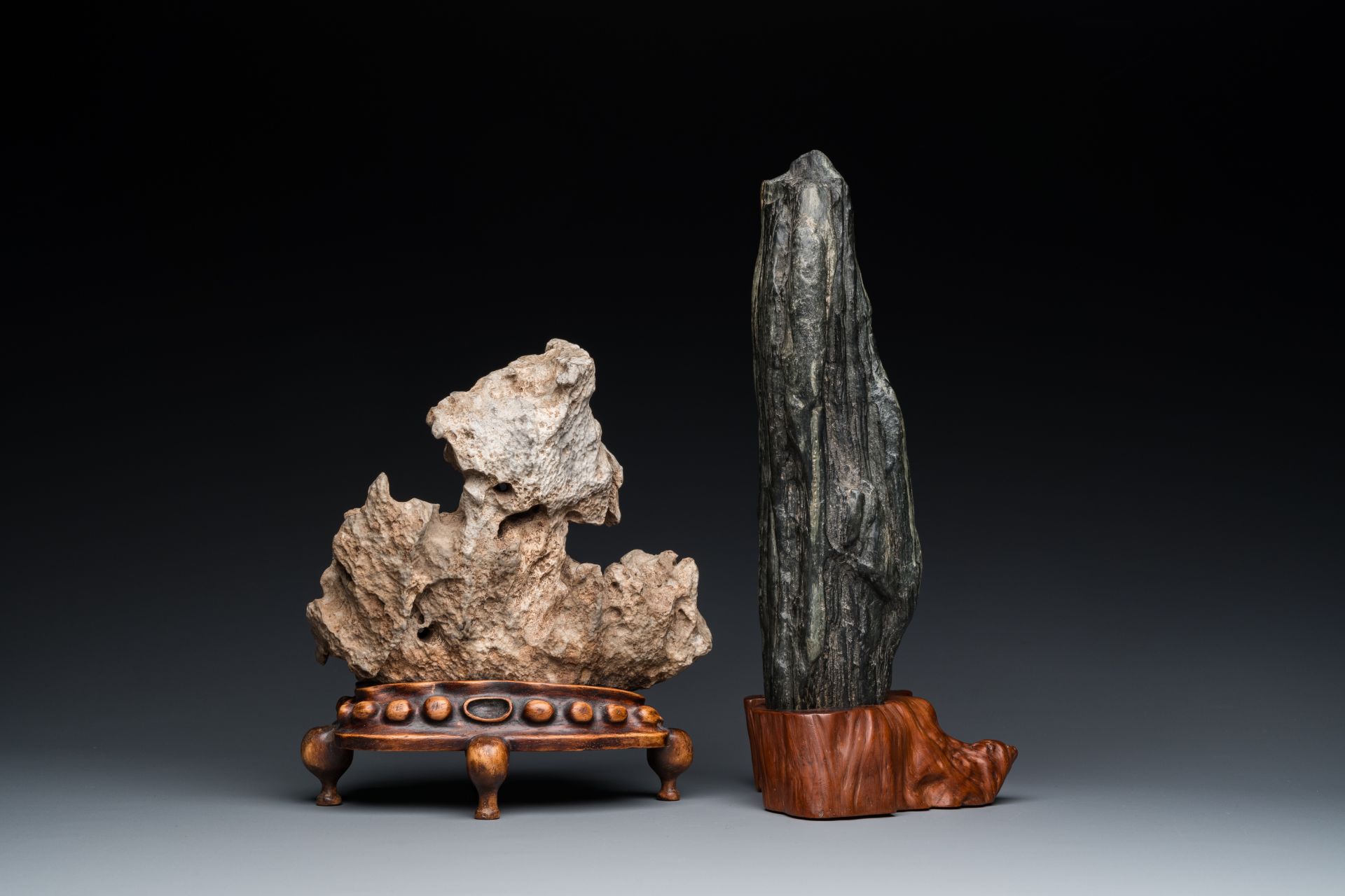 Two Chinese 'gongshi or 'scholar's rocks' on wood stands, Ming or later - Image 2 of 7