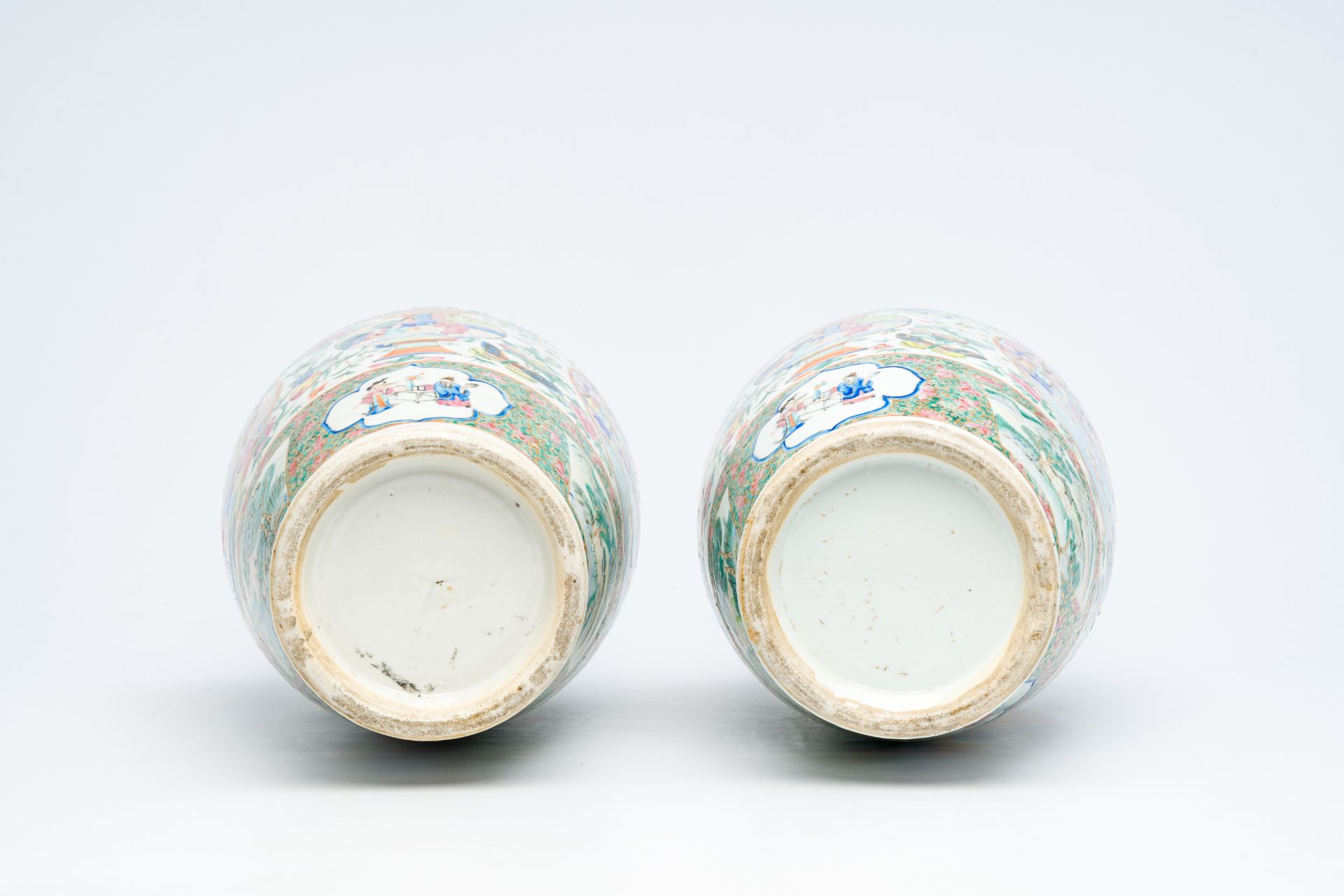 A pair of Chinese Canton famille rose vases with palace scenes, auspicious symbols and mythical anim - Image 6 of 6