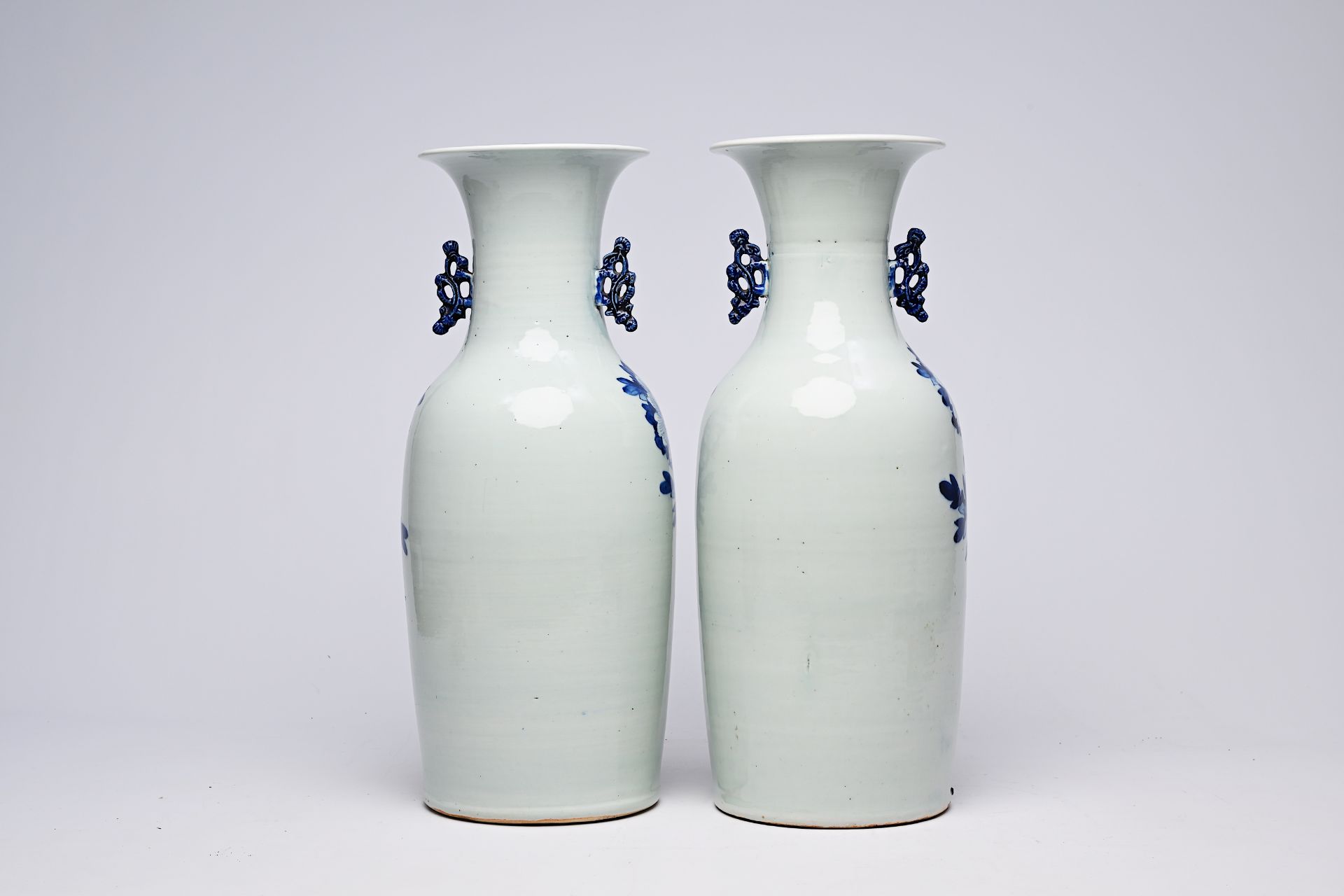 A pair of Chinese blue and white celadon ground vases with a dragon and a phoenix among blossoming b - Bild 5 aus 28