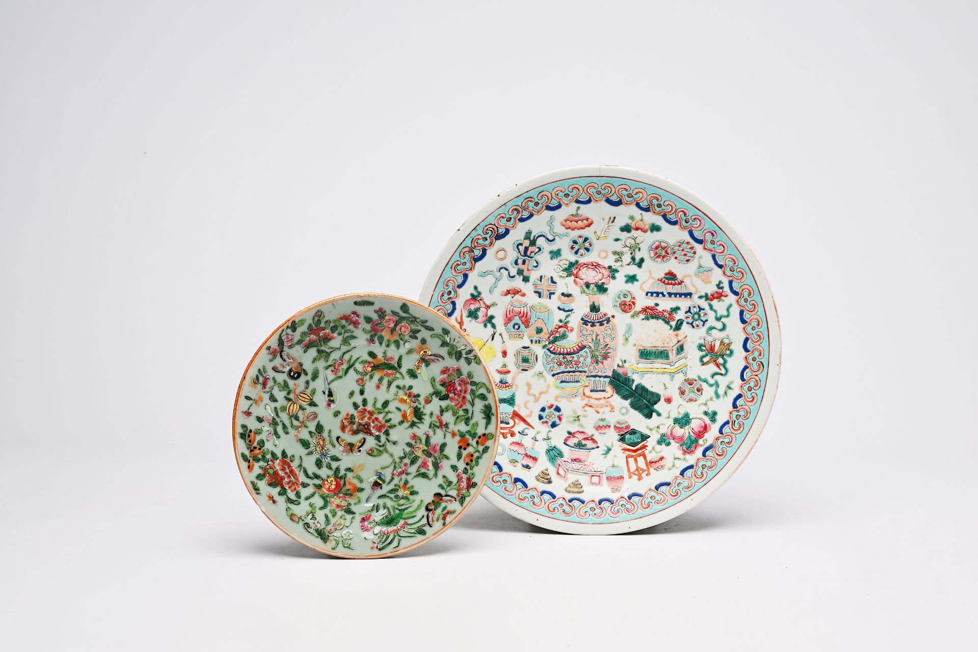 A Chinese famille rose 'antiquities' dish, a celadon plate with butterflies and floral design and th - Image 18 of 22