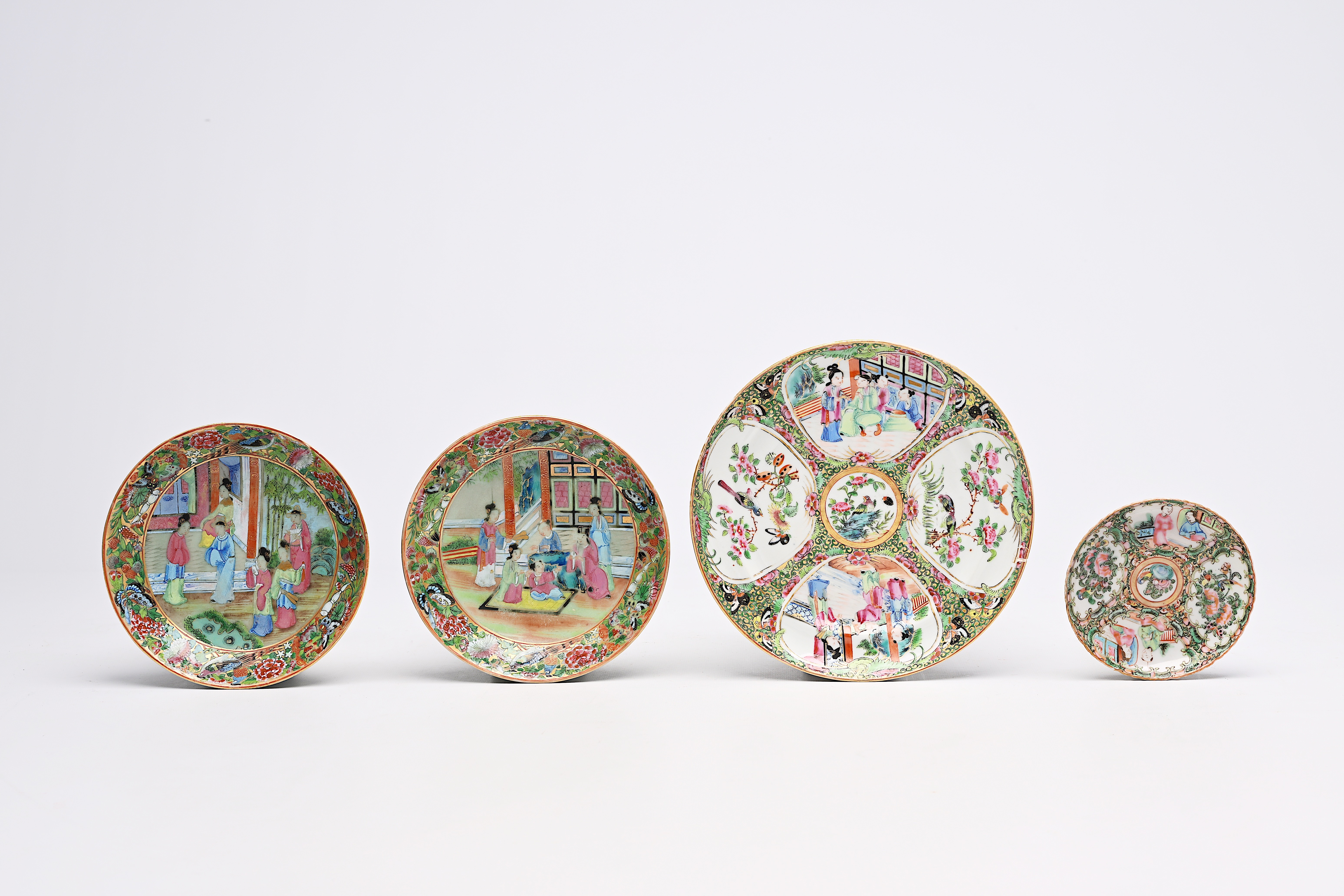 A square Chinese Canton famille rose flower holder with palace scenes and eight various plates and d - Image 4 of 11