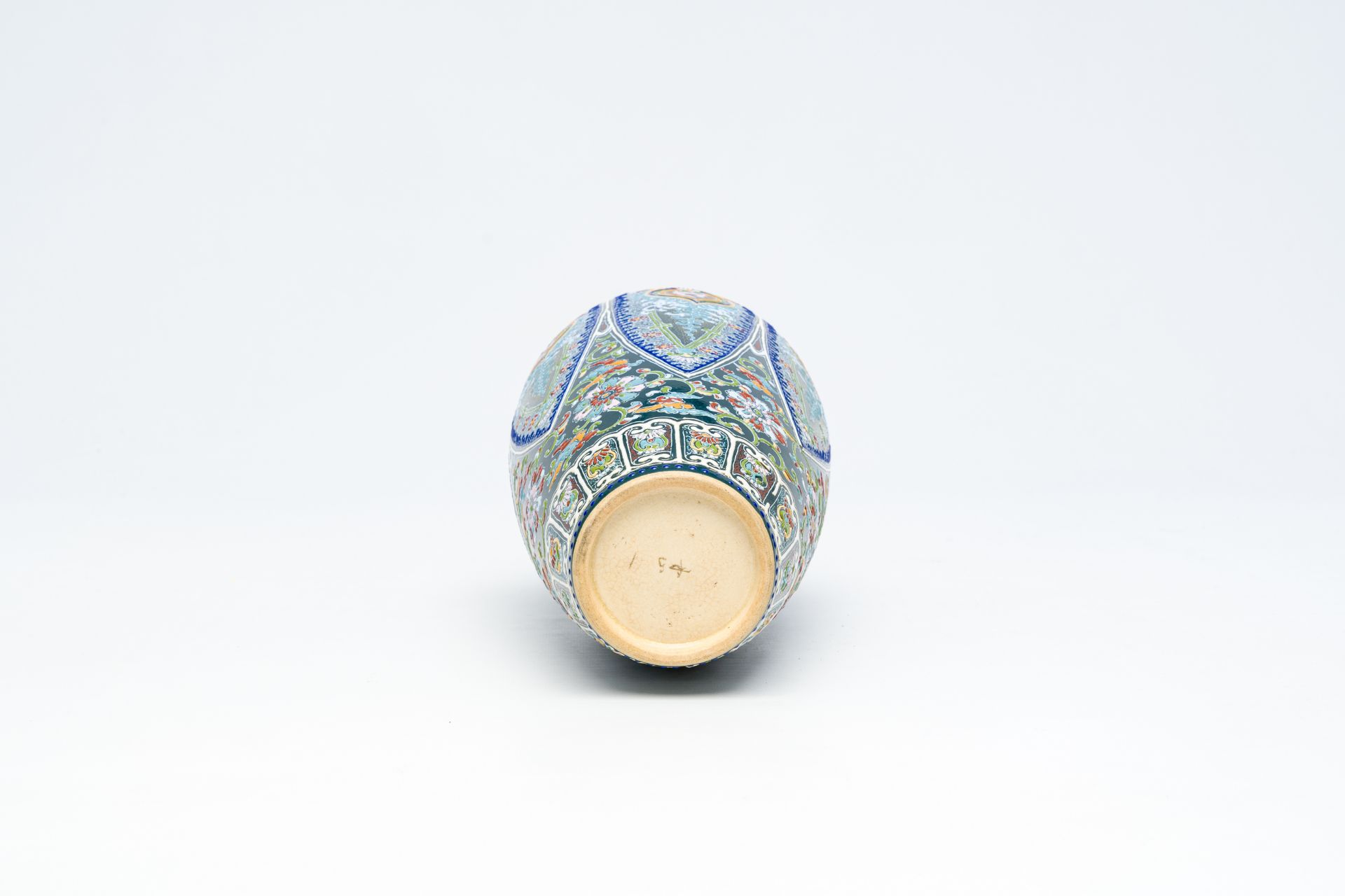 A Japanese pseudo cloisonne Satsuma vase with floral design, signed Tanzan, Meiji, 19th C. - Image 6 of 6