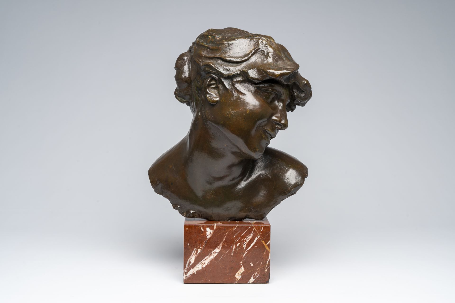 Jef Lambeaux (1852-1908, in the manner of): Bust of a lady, brown patinated bronze on a red marble b - Image 2 of 9