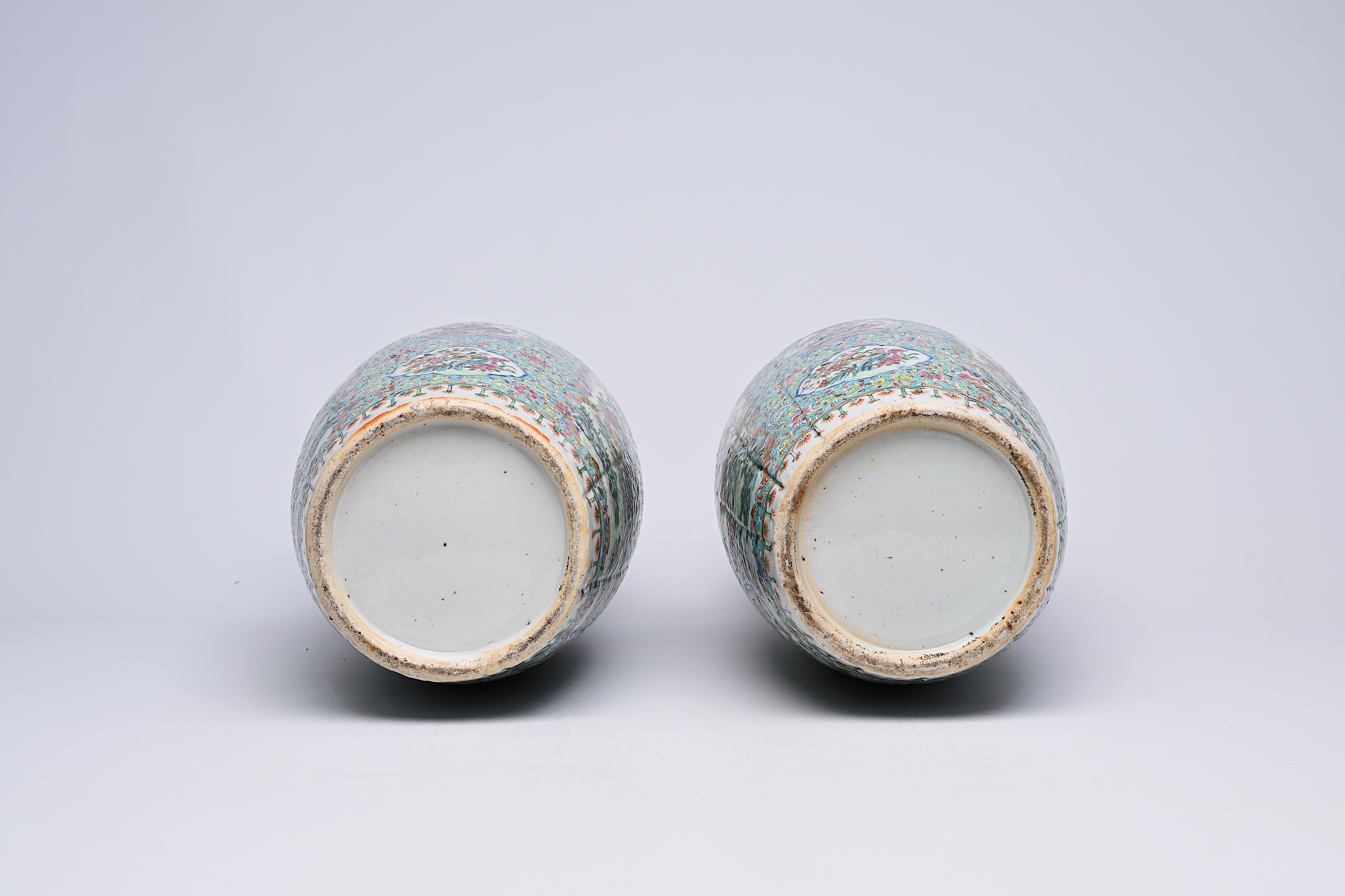 A pair of Chinese Canton famille rose turquoise ground vases with birds among blossoming branches, 1 - Image 5 of 8