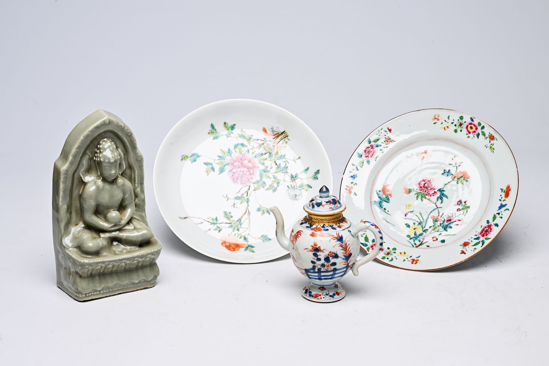 A Chinese Imari style teapot, two famille rose plates with floral design and a celadon 'Buddha' figu - Image 6 of 6
