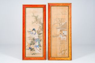 Chinese school: Two scenes with ladies in a landscape, ink and colours on silk, 19th/20th C.