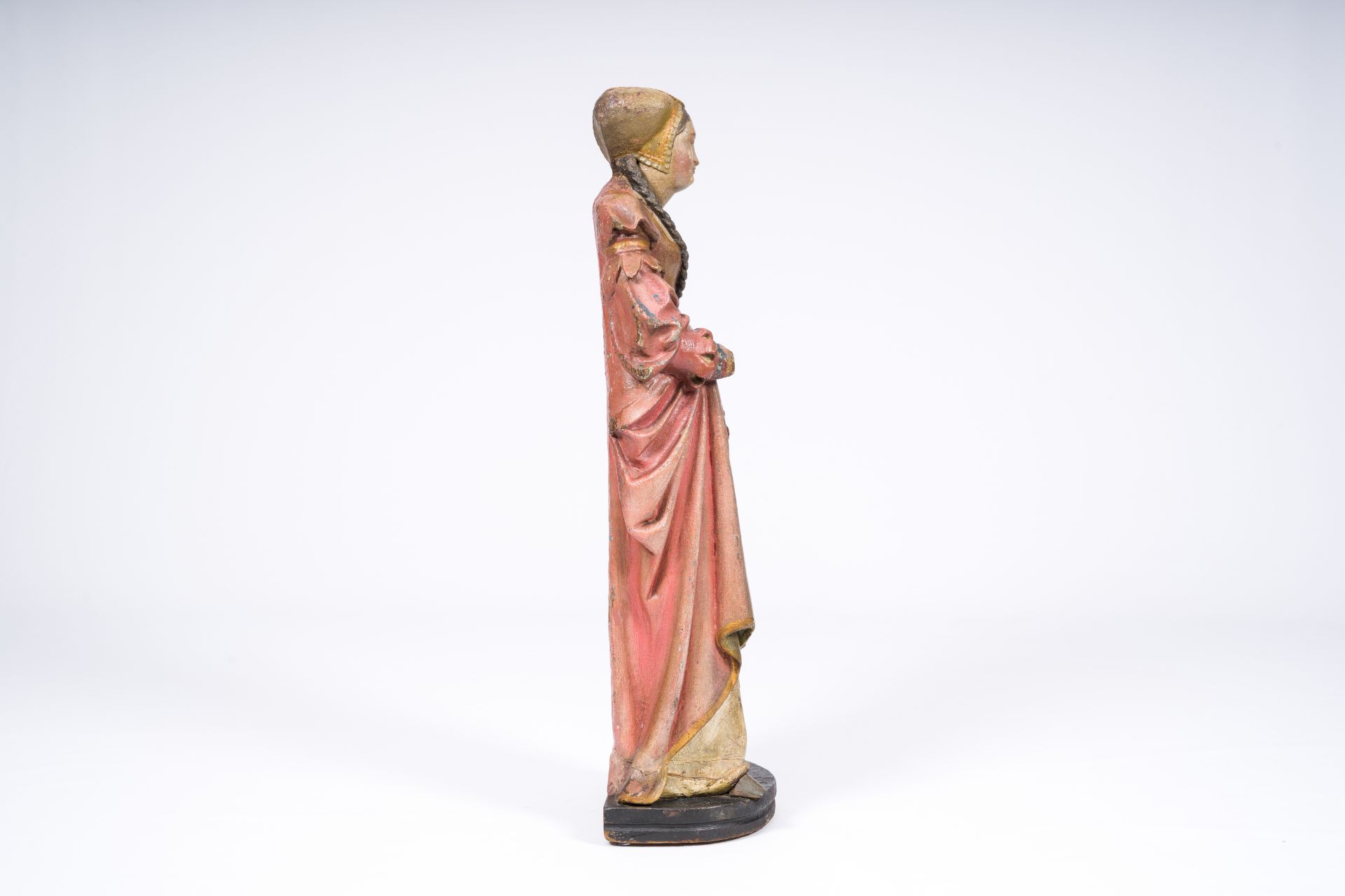 A German carved and polychrome painted wood 'noble lady with a book' figure, probably 16th C. and la - Image 5 of 7