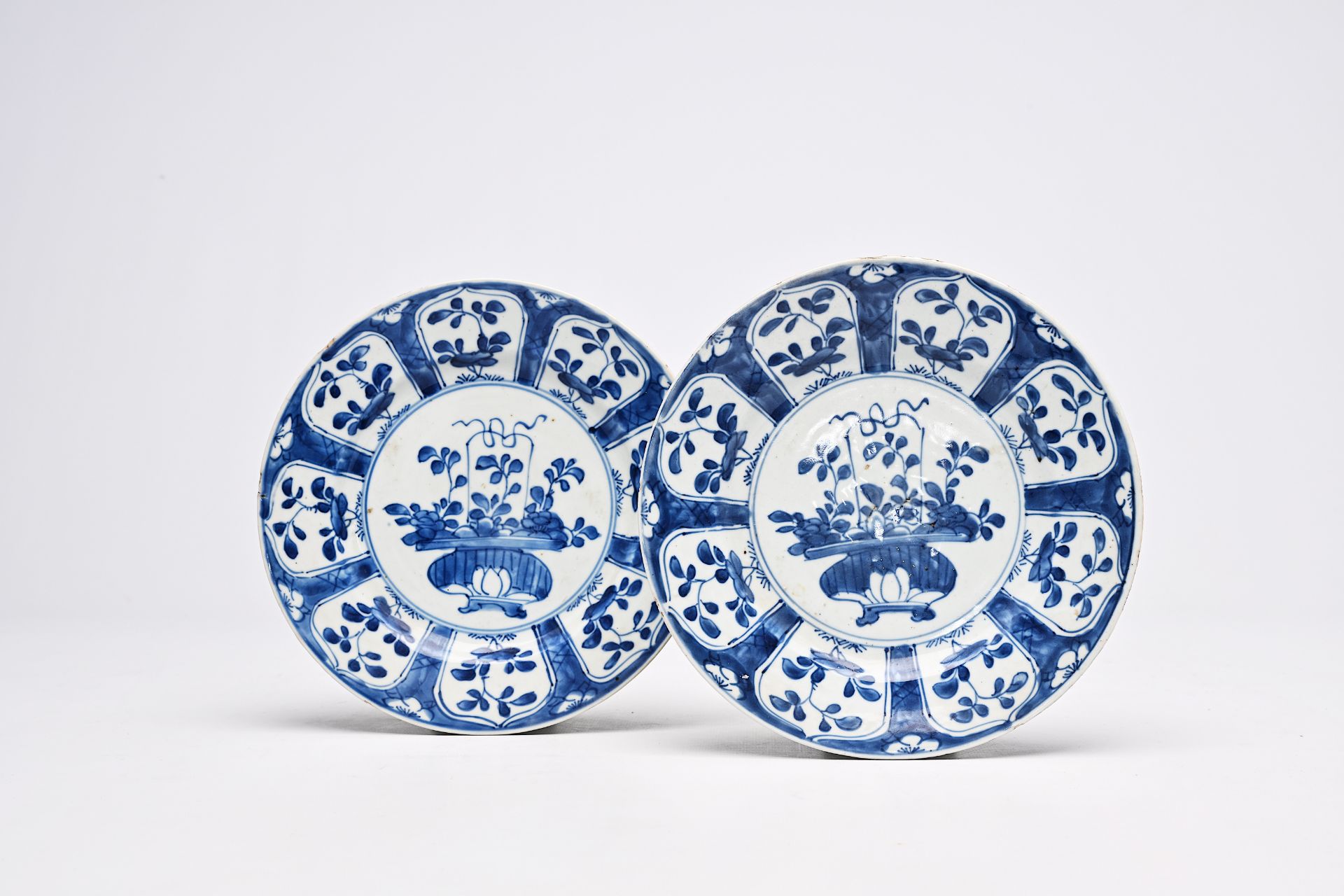 Five Chinese soapstone sculptures, three turquoise glazed lions and a pair of blue and white plates, - Image 22 of 24