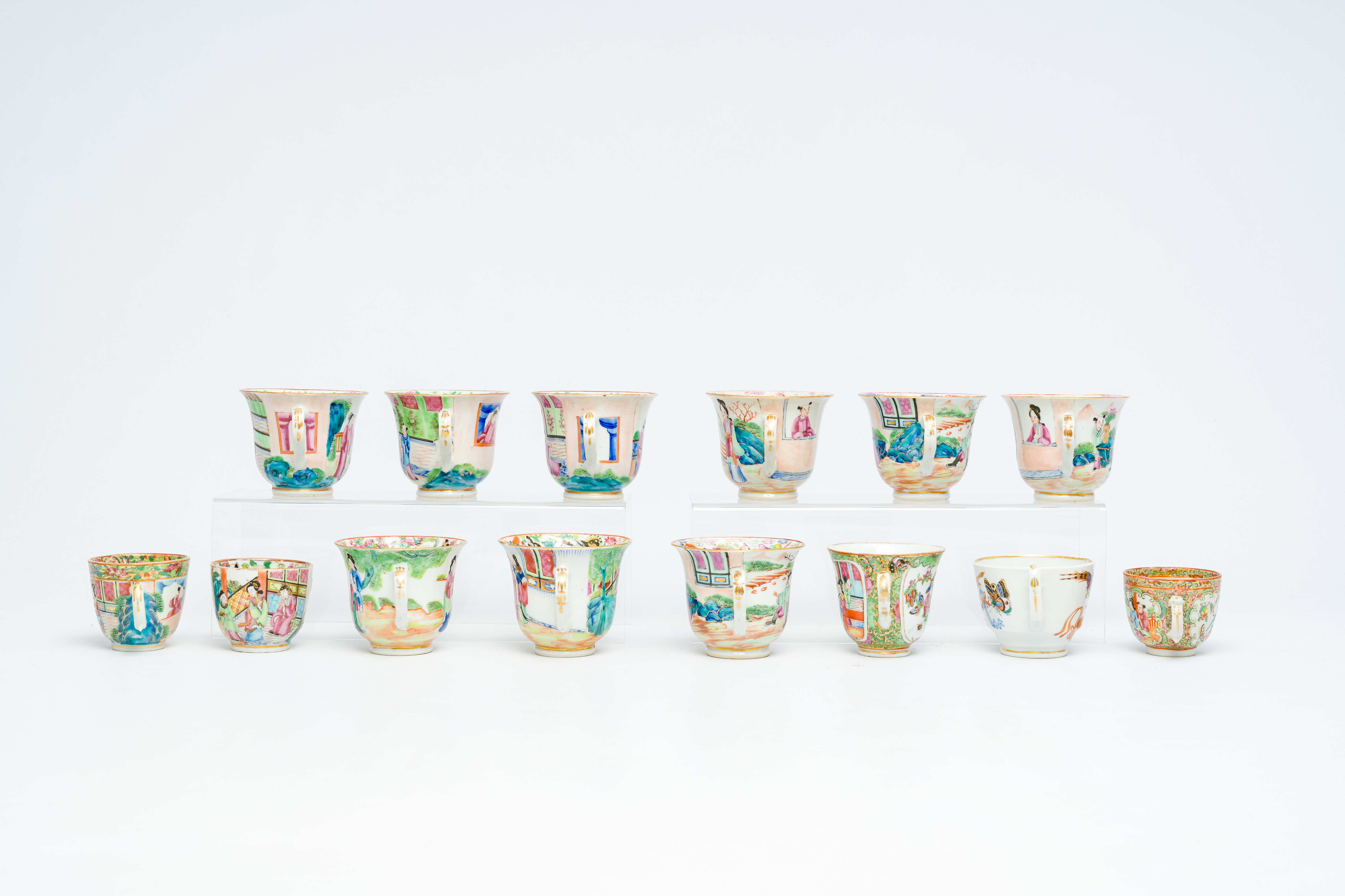 14 Chinese Canton famille rose cups and two saucers, 19th C. - Image 3 of 9