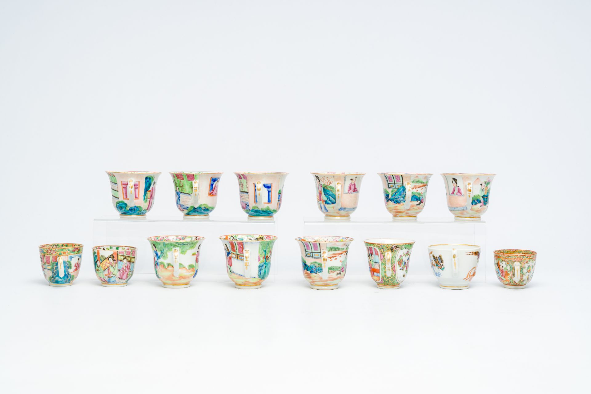 14 Chinese Canton famille rose cups and two saucers, 19th C. - Image 3 of 9