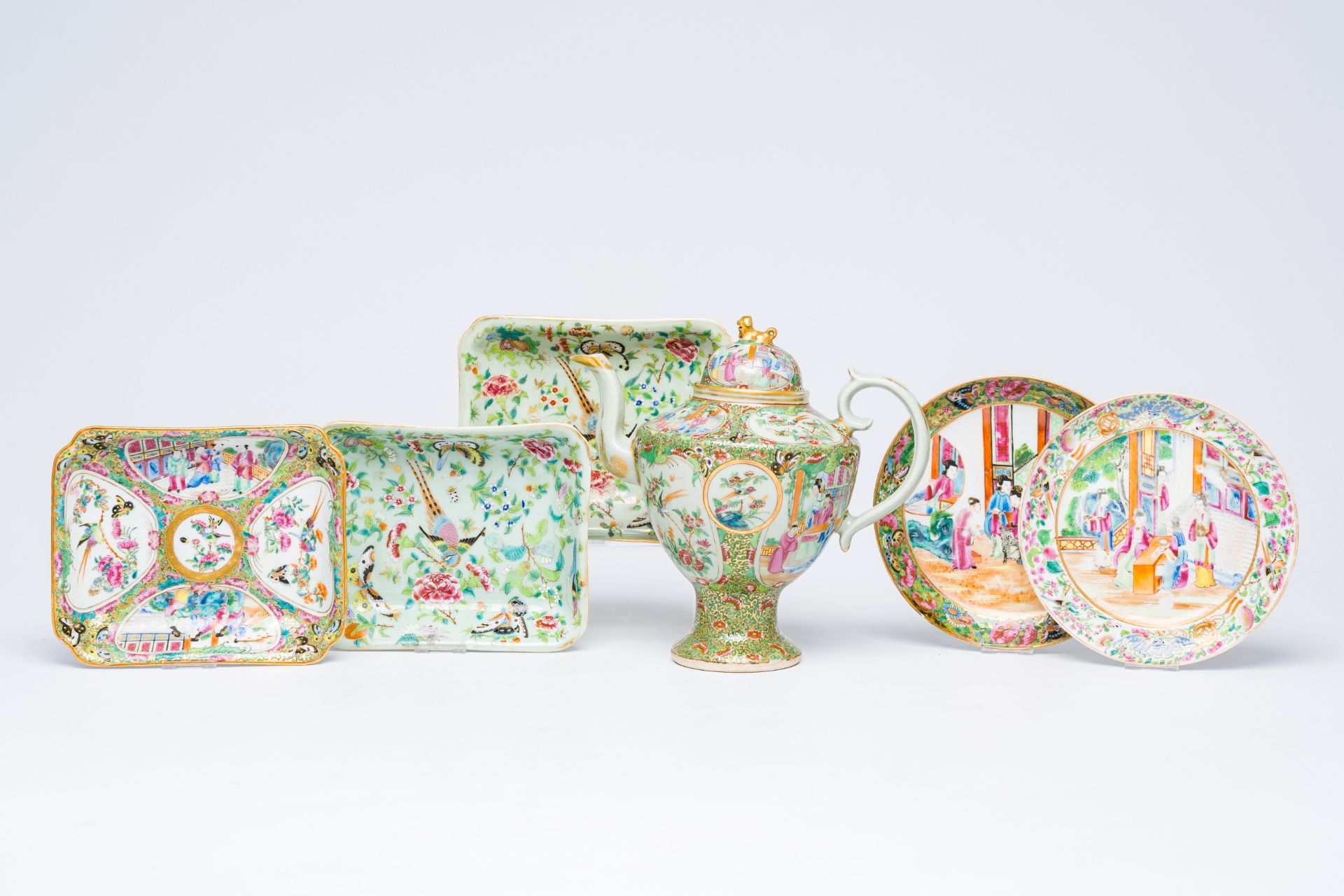 Six Chinese Canton famille rose porcelain wares, 19th C.