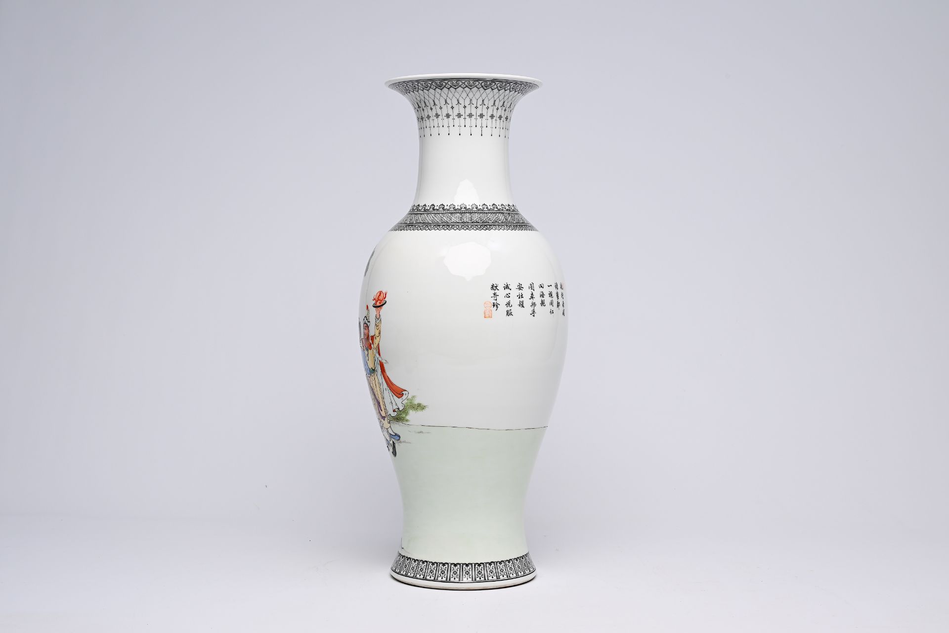 A Chinese polychrome baluster shaped 'Eight Immortals' vase, Qianlong mark, Republic, 20th C. - Image 7 of 20