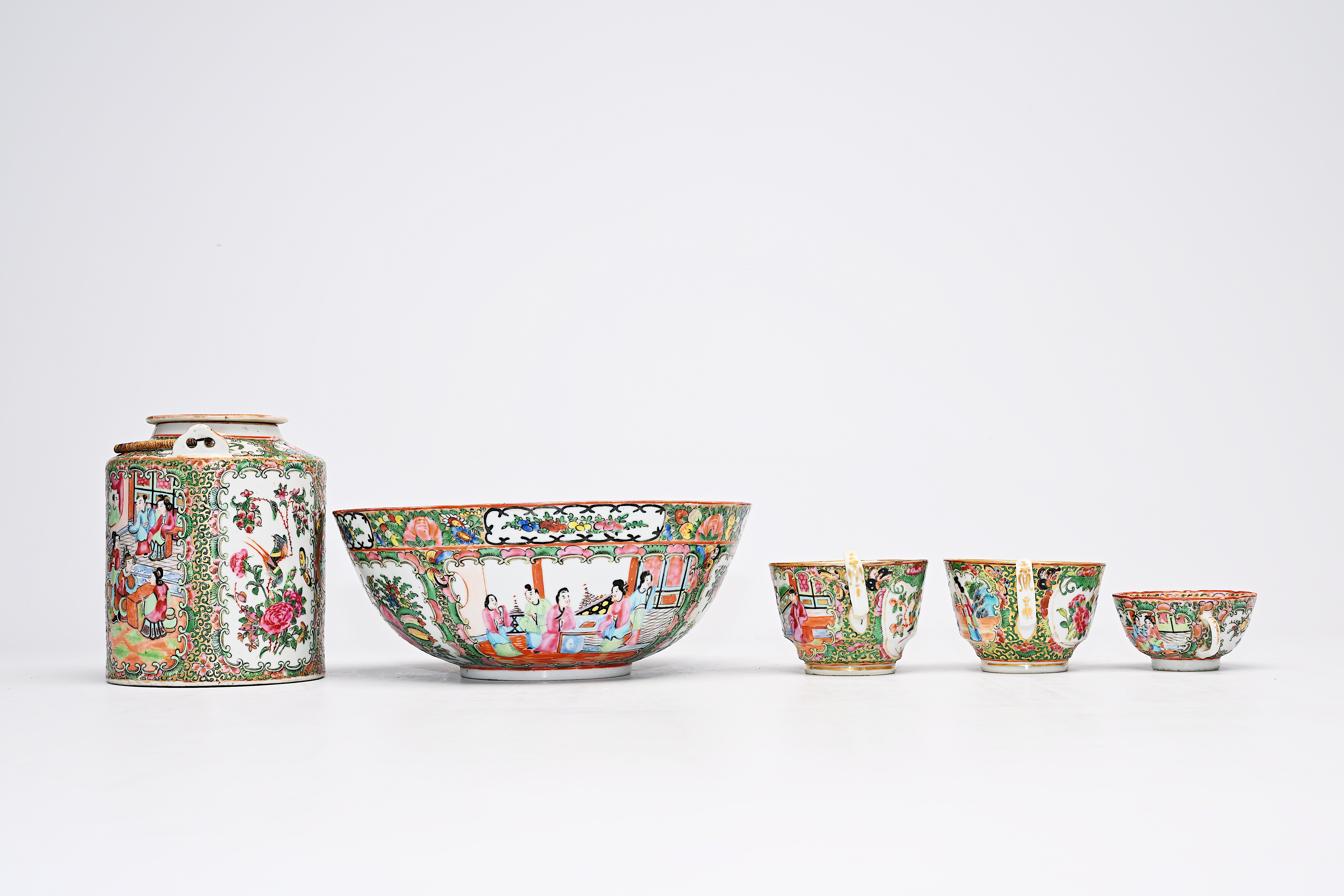 A Chinese Canton famille rose seventeen-part tea set and a bowl with palace scenes and floral design - Image 3 of 20