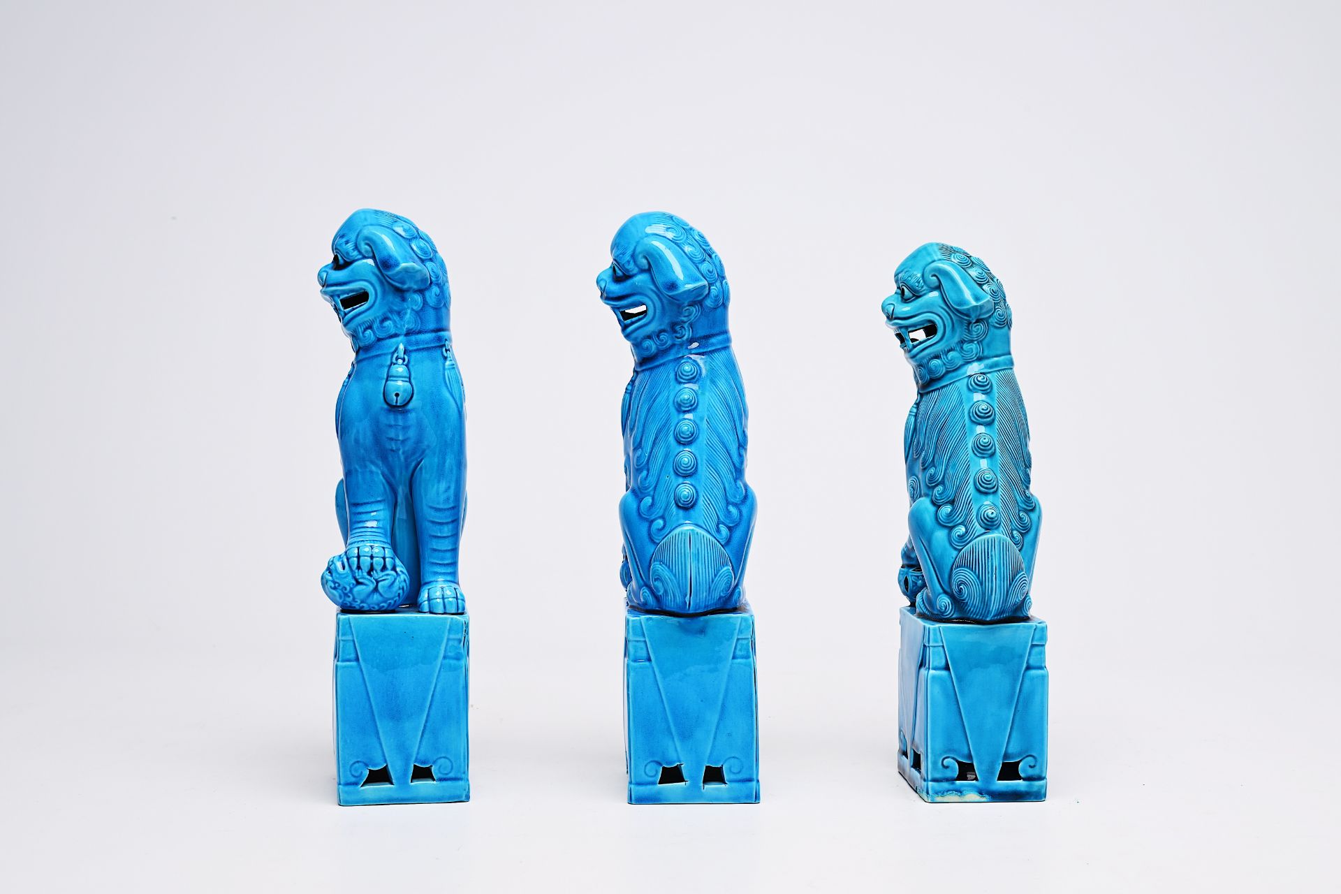 Five Chinese soapstone sculptures, three turquoise glazed lions and a pair of blue and white plates, - Image 13 of 24