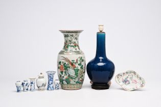 A varied collection of Chinese blue, white, famille rose, grisaille and monochrome porcelain, Kangxi