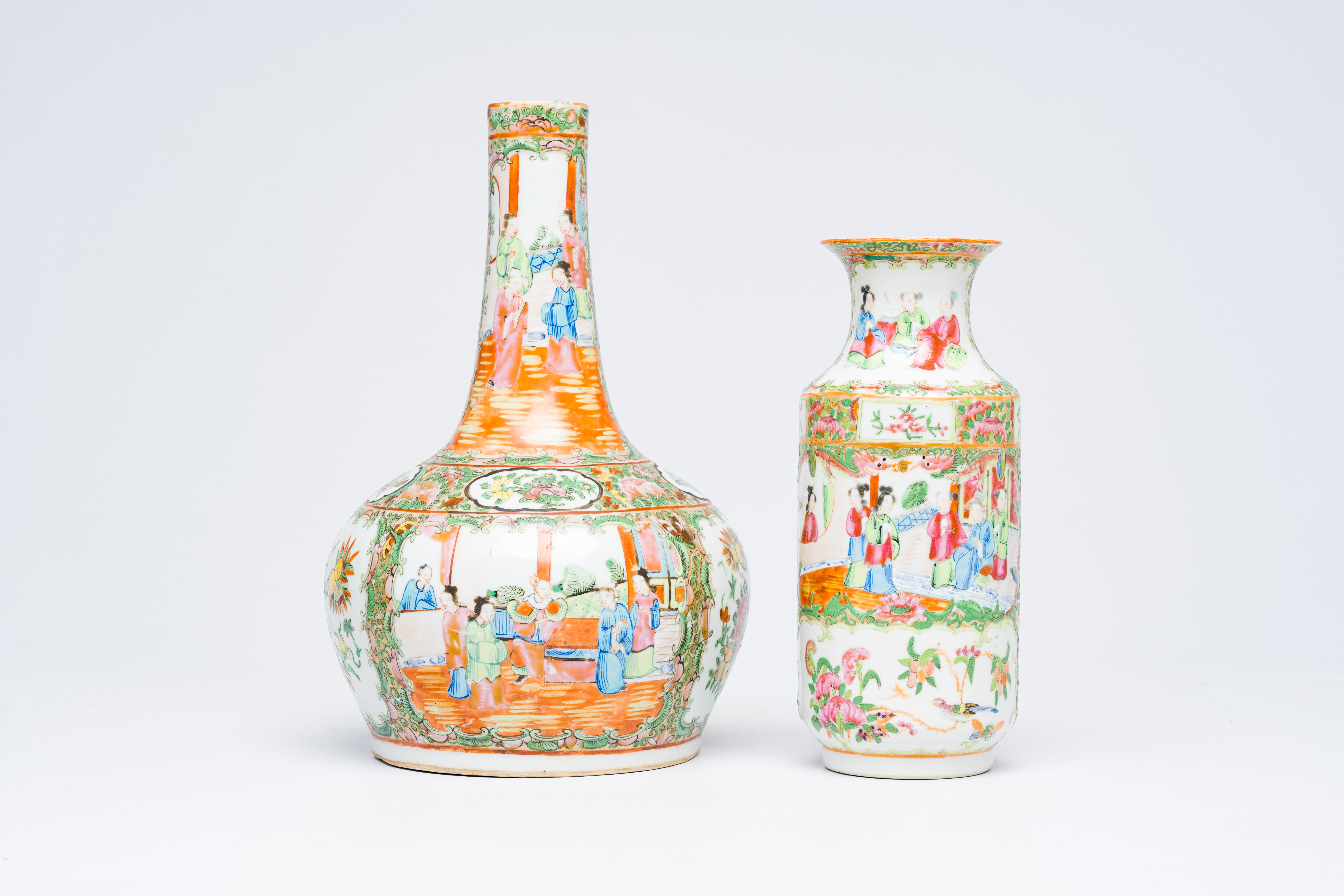 Two Chinese Canton famille rose vases and two plates, 19th C. - Image 5 of 10