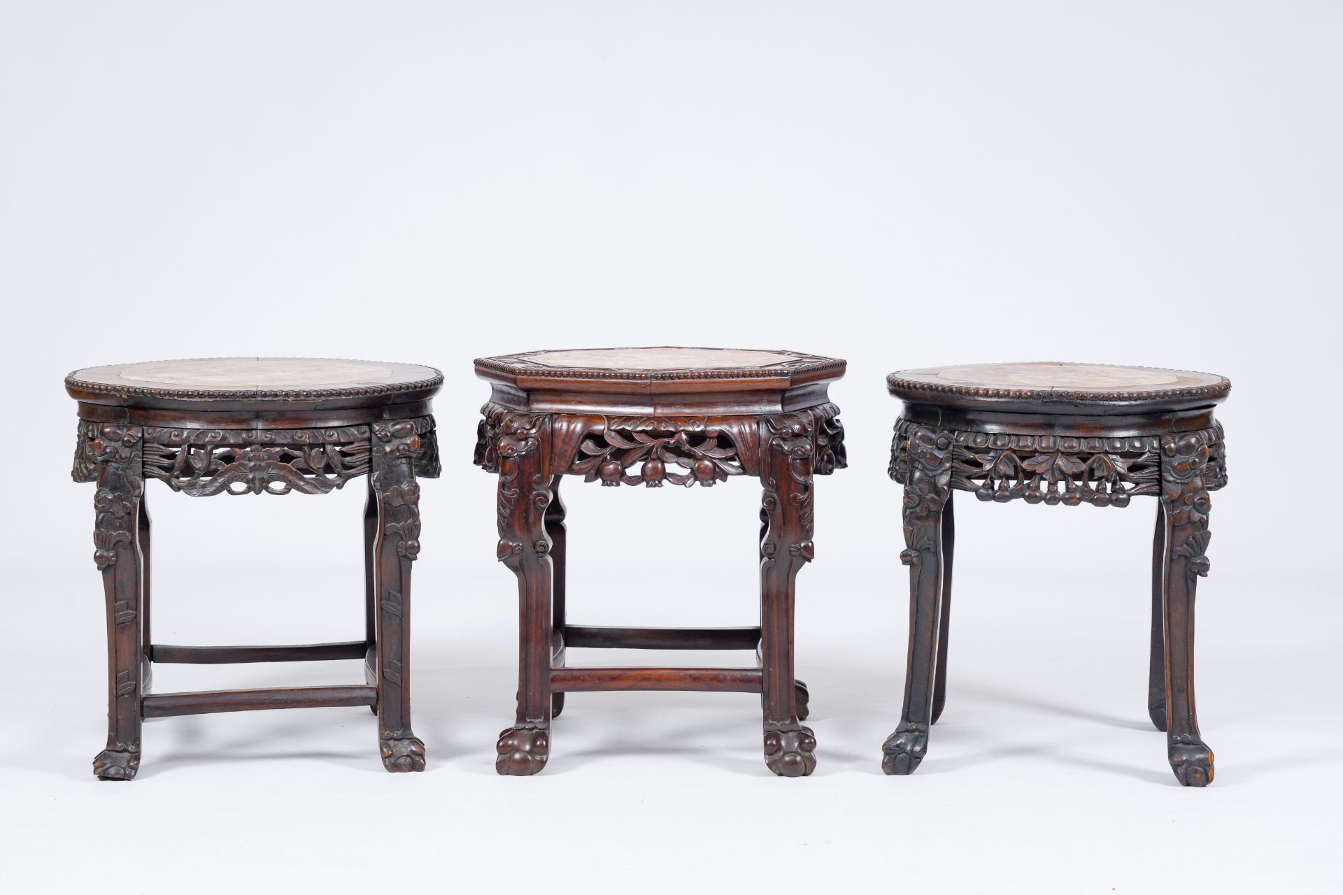 Three Chinese reticulated hardwood stands with marble tops, 20th C. - Image 4 of 7