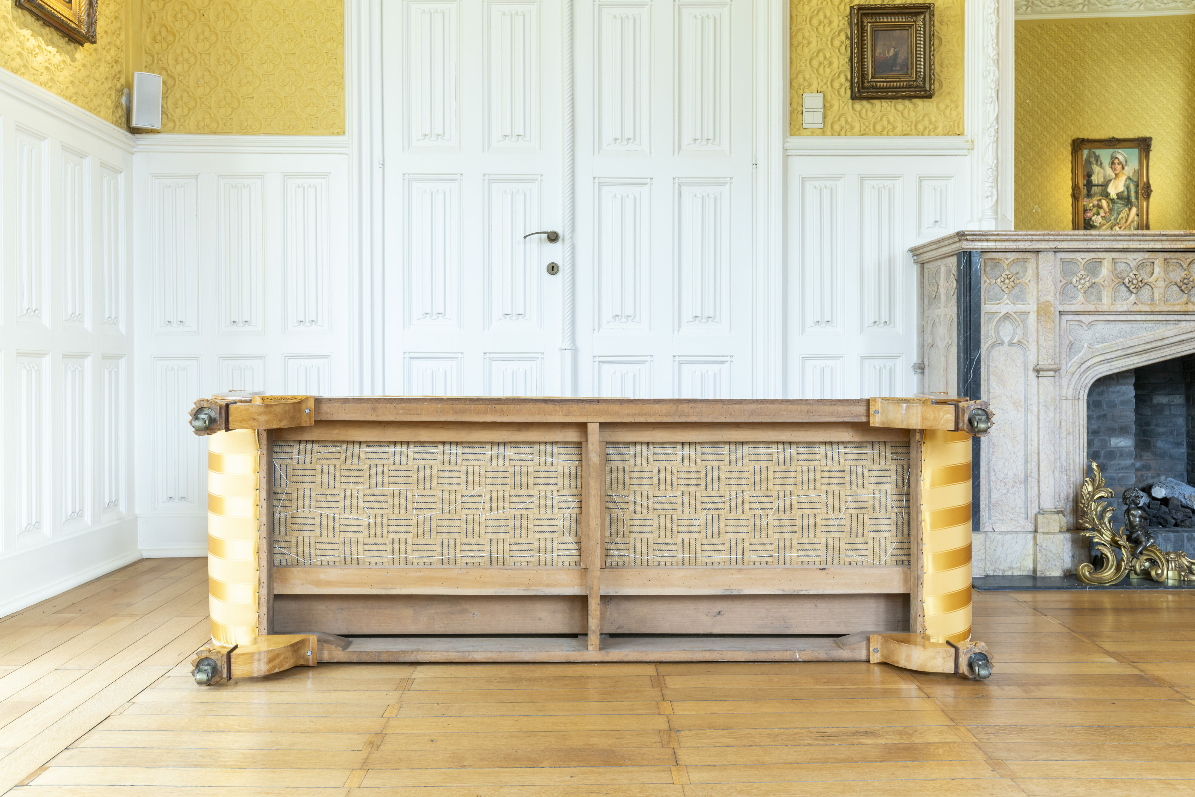 A 13-piece Biedermeier salon set comprising 3 sofas, 8 chairs and 2 footstools with yellow silk upho - Image 27 of 34