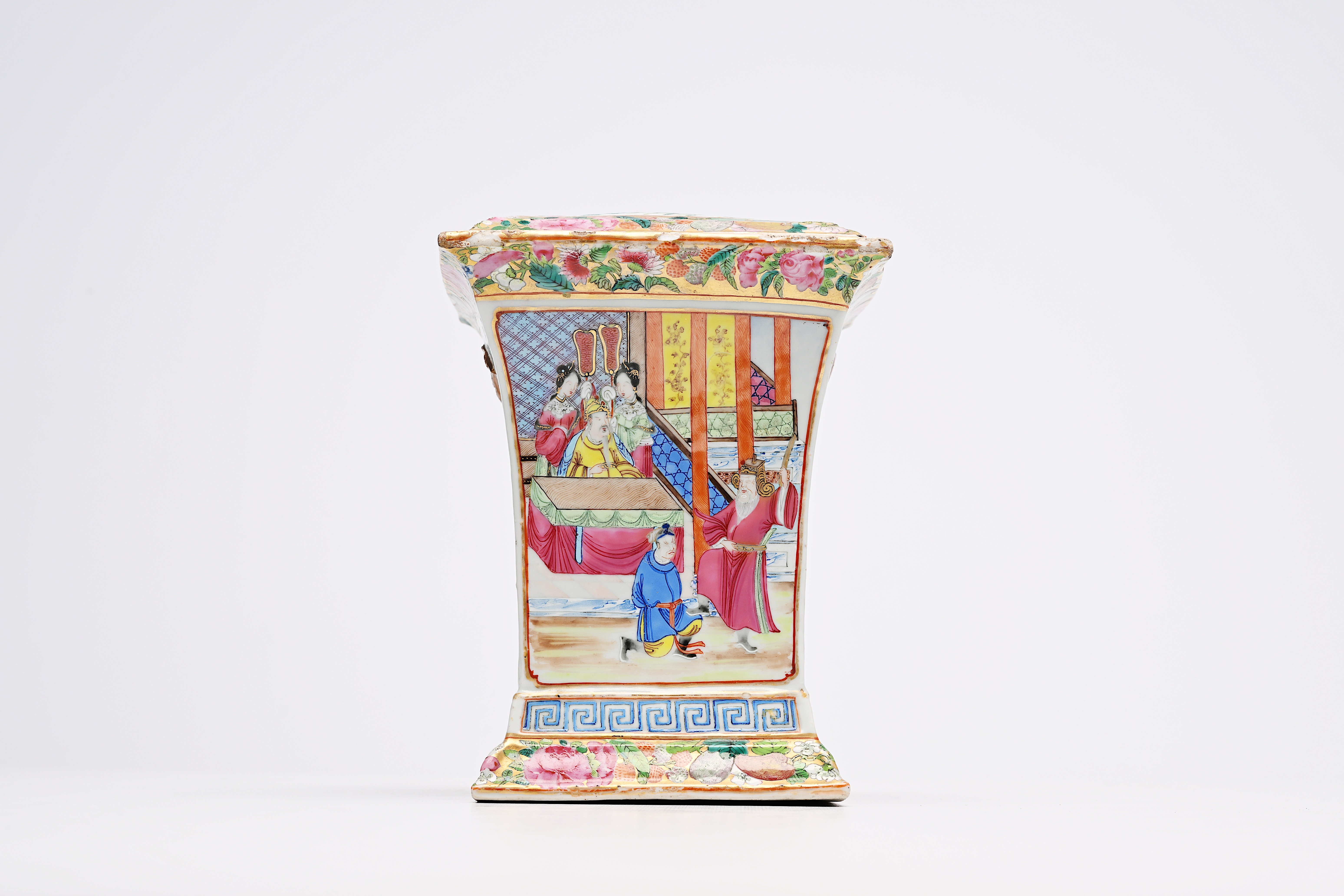 A square Chinese Canton famille rose flower holder with palace scenes and eight various plates and d - Image 6 of 11