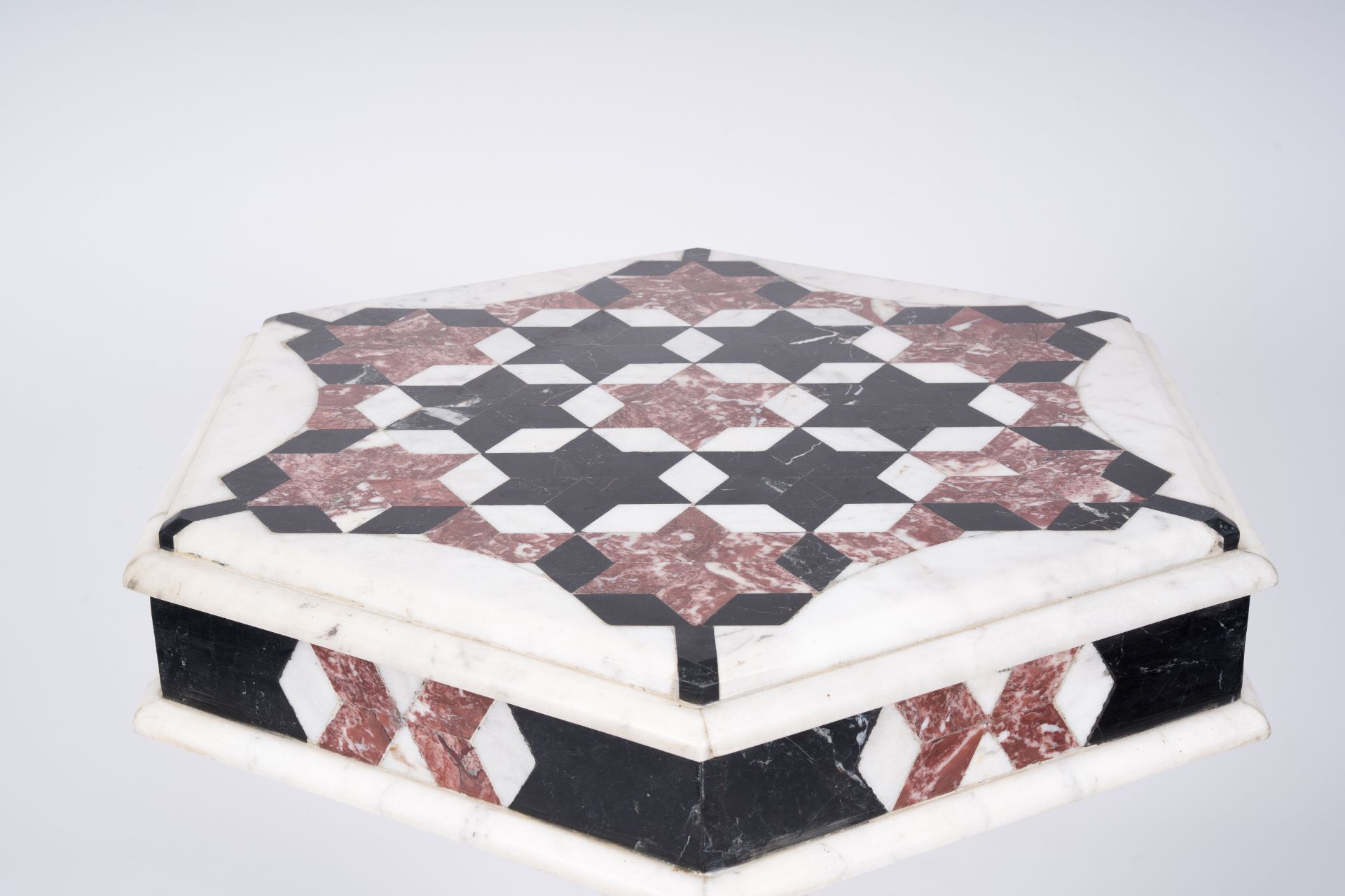 An Italian hexagonal marble side table with geometric design, 20th C. - Image 7 of 7