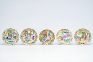 Five Chinese Canton famille rose 'palace scene' plates, 19th C.