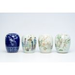 Four Chinese blue, white and qianjiang cai ginger jars with ladies on a terrace and floral design, 1