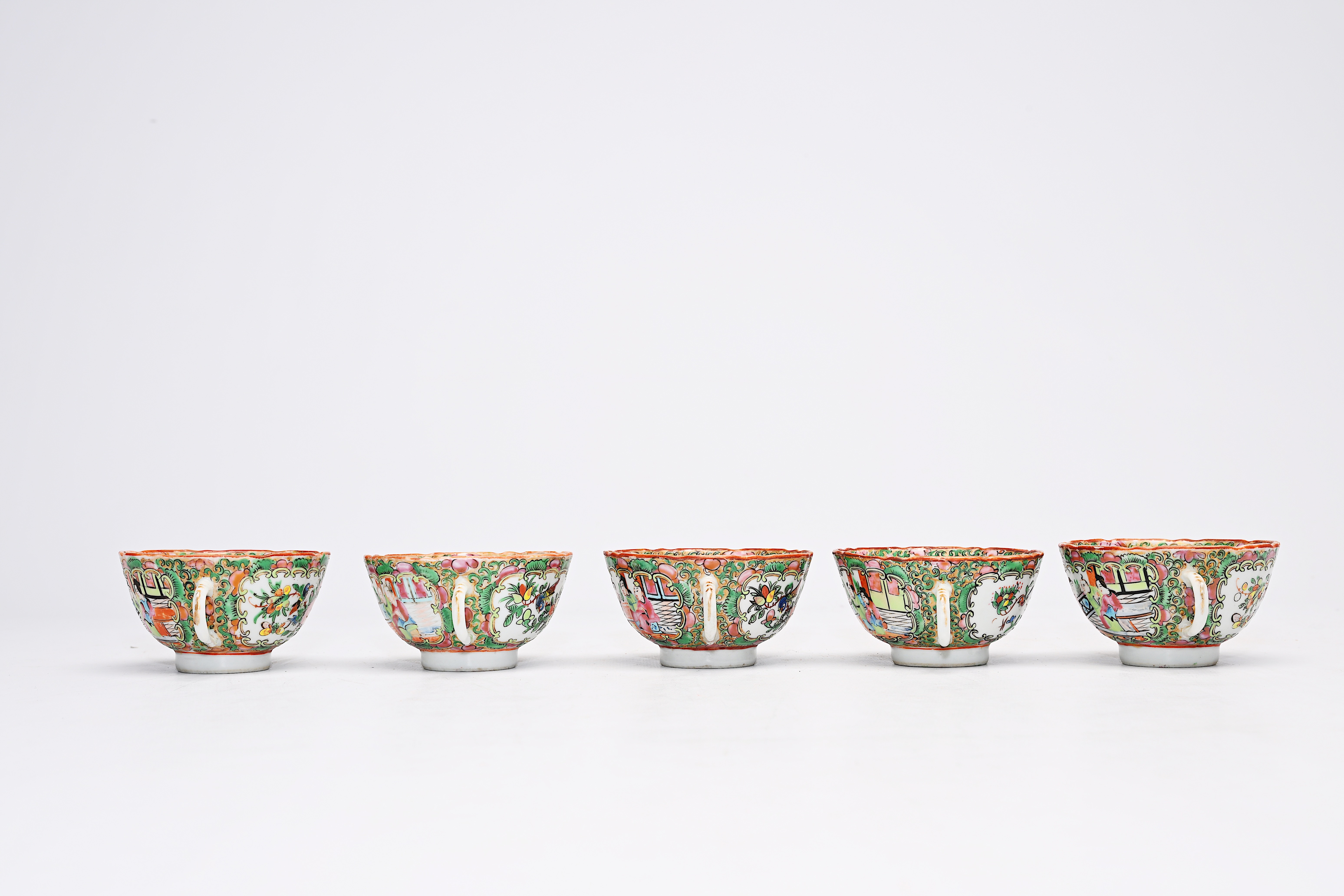 A Chinese Canton famille rose seventeen-part tea set and a bowl with palace scenes and floral design - Image 7 of 20